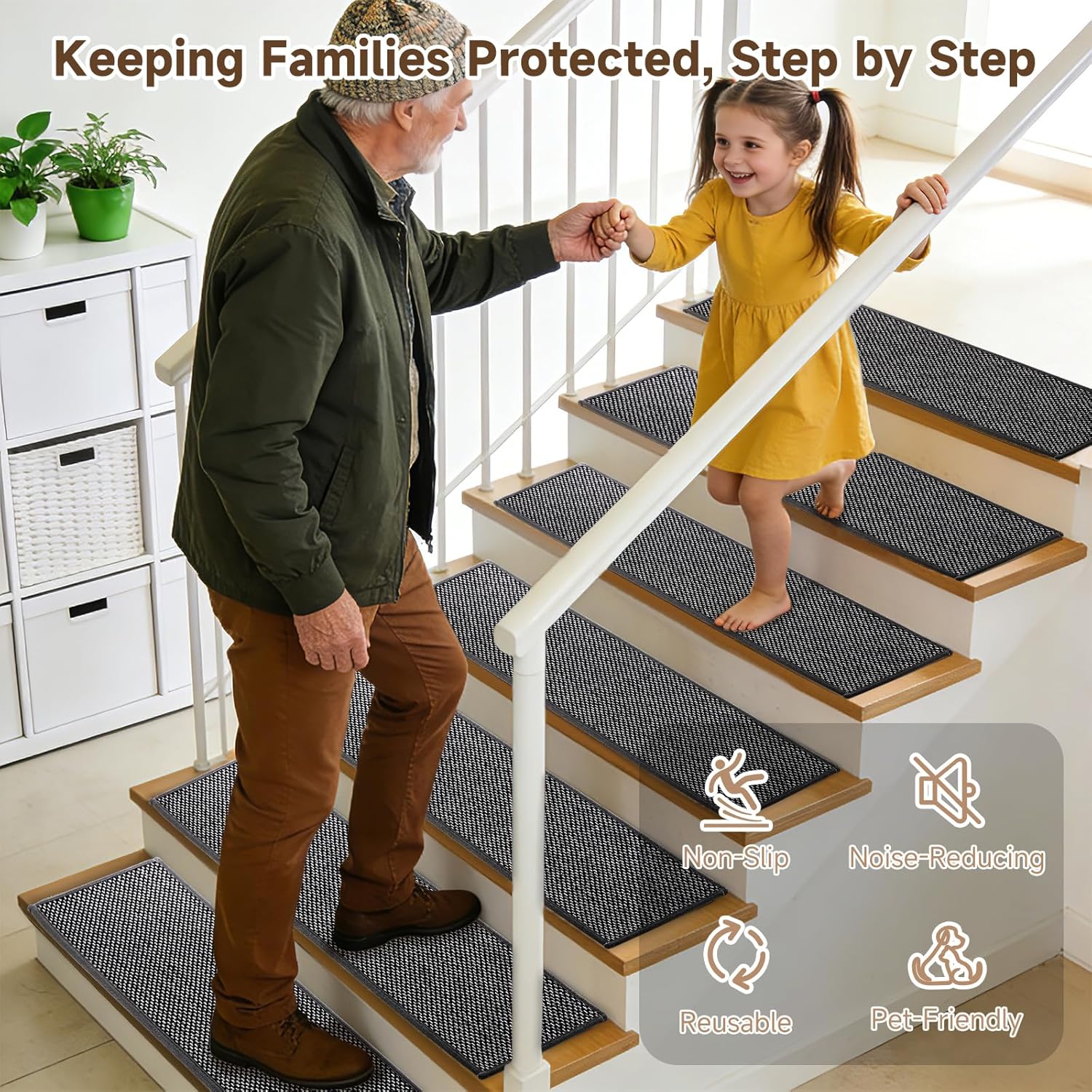 Carpet Stair Treads for Wooden Steps Indoor, 8x30 Inch Non-Slip Stair Runner & Treads for Wooden Steps with Reusable Adhesive -15-Pack (Black), Safe for Kids, Elders, Pets