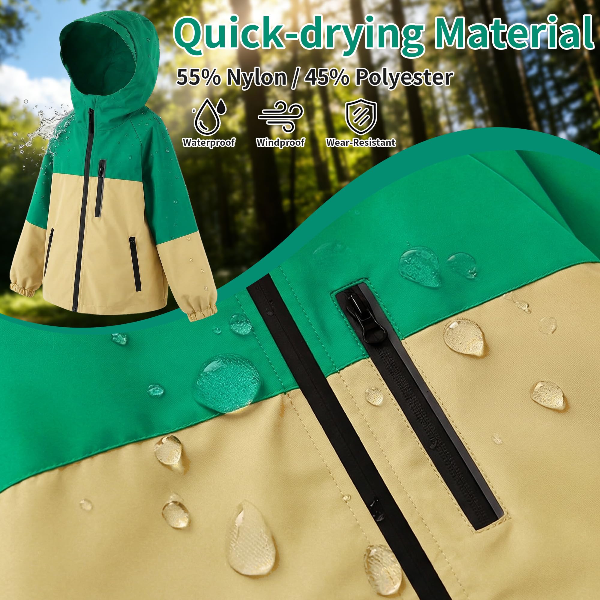 Chaqueta Impermeable Infantils, Chubasquero con Tiras Reflectantes y Bolsillos Cremallera, Ligero Cortavientos con Capucha, Ropa Abrigo Niñas Niños Exterior Escuela para Edad 5-13