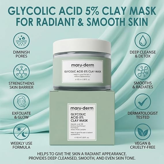 Maruderm Glikolik Asit%5 Gözenek Arındırıcı ve Cilt Tonu Eşitleyici Kil Maskesi – Vegan, Pürüzsüz ve Nemlendirici Arındırıcı Maske, 100 ML (3 paketi)