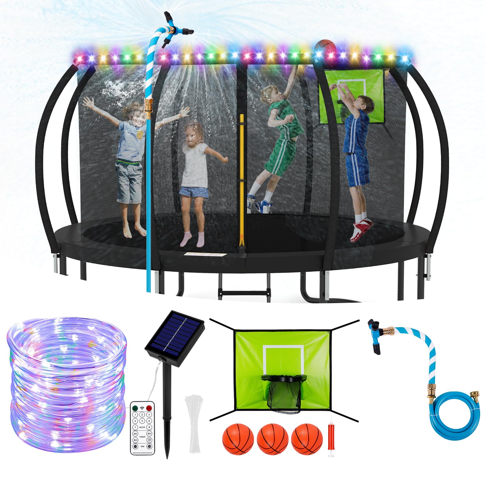 Kit di accessori per trampolino per bambini, irrigatore/canestro da pallacanestro/luci solari da 50 m, adatto per trampolino da 8 10 12 14 15 16 FT all'aperto con 3 mini palloni da basket, non