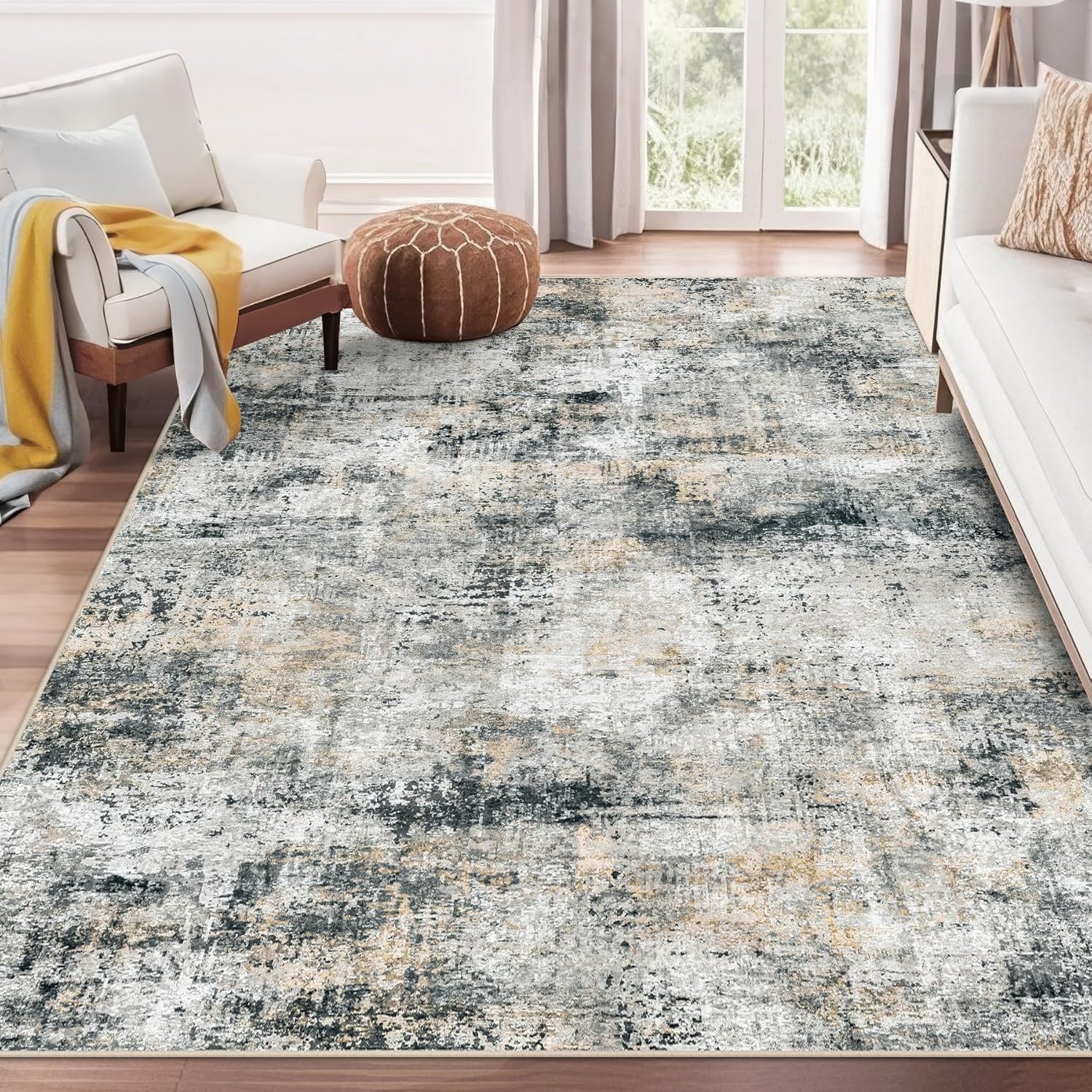 Tapis grand salon gris et beige 200x300 cm moderne et lavable