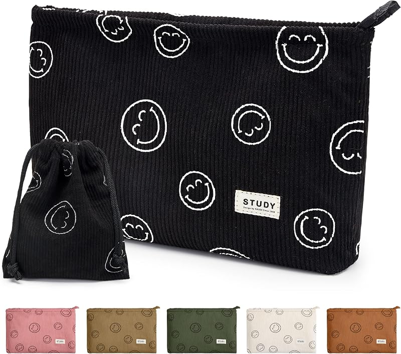 WLLWOO WLLWOO Necessaire de maquiagem em veludo cotelê com carinha sorridente e zíper, Pacote com 2