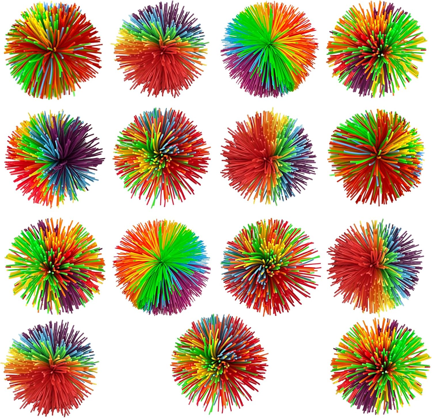 Multicolor Rainbow Stress Balls, Stringy Pom Bouncy Balls, 2.75 Inch, 15 Pack