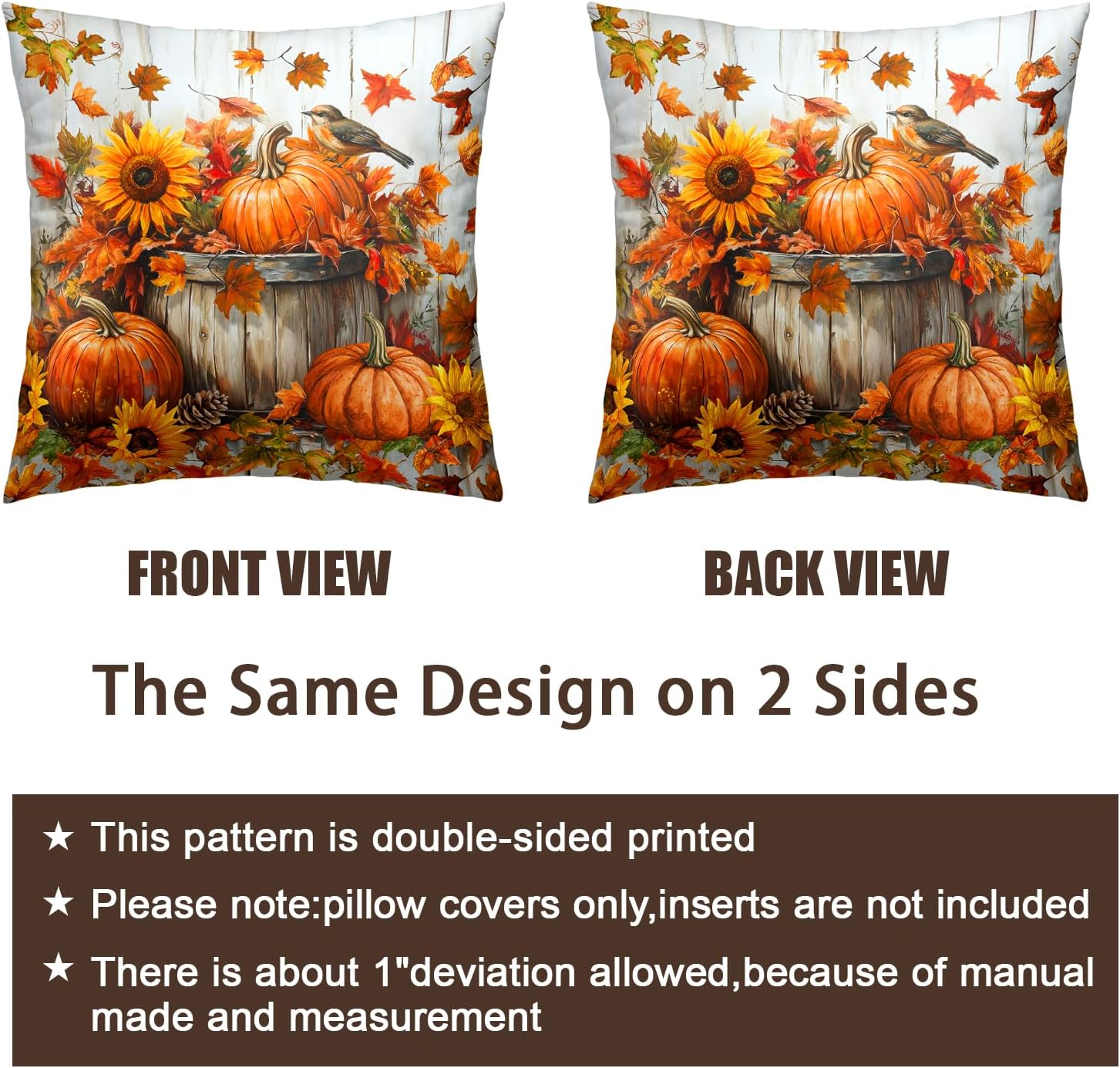 Fall Decor Pillow Covers 18x18 Set of 2 Burnt Orange Pumpkin Sunflower Outdoor Throw Pillows Farmhouse Autumn Thanksgiving Harvest Maple Leaf Birds Rustic Pillowcases for Couch Sofa