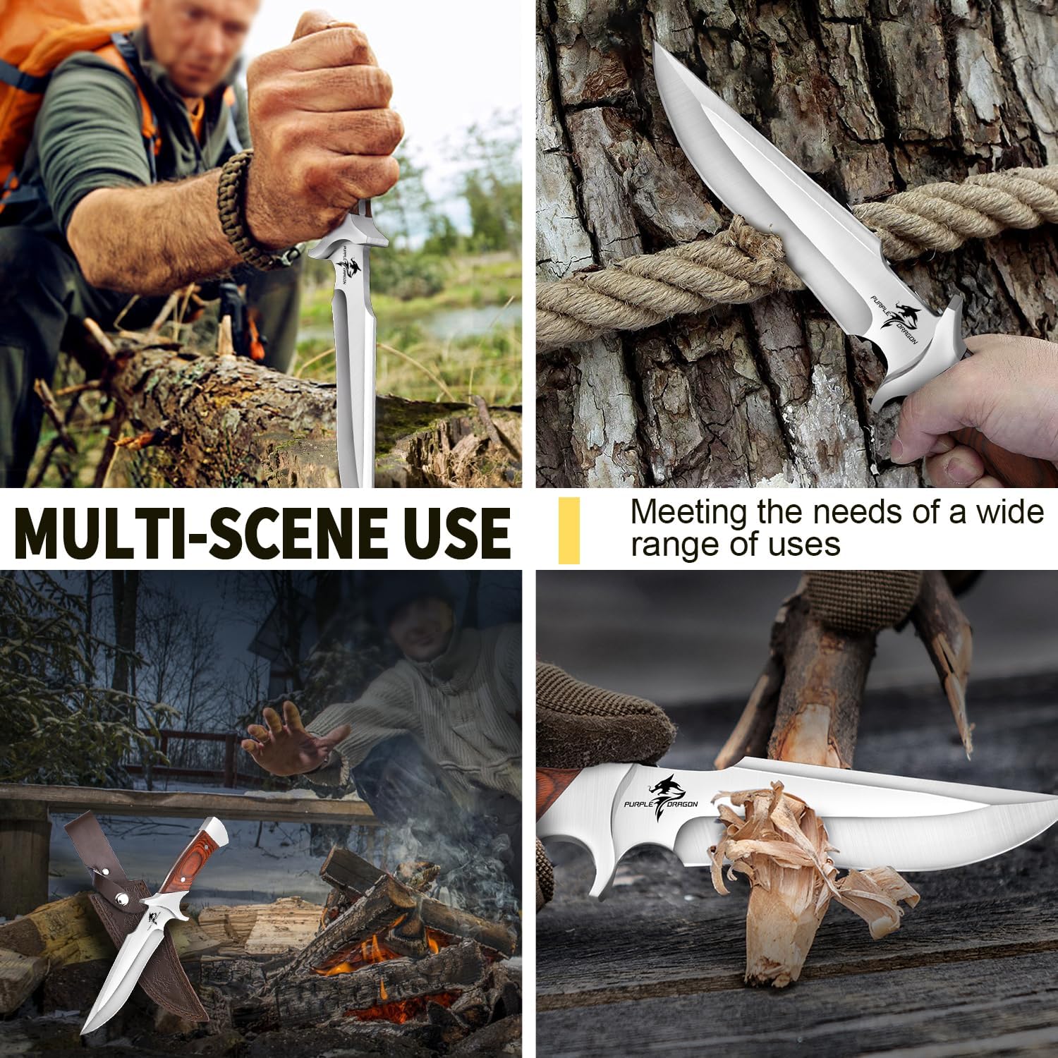 Purple Dragon Camping Fixed Blade Knife with Sheath-6 Inch Outdoor Knife-Full Tang 440C Steel Bushcraft Knife with Redwood Handle-Outdoor Gear Christmas Gift for Men and Women - Image 6
