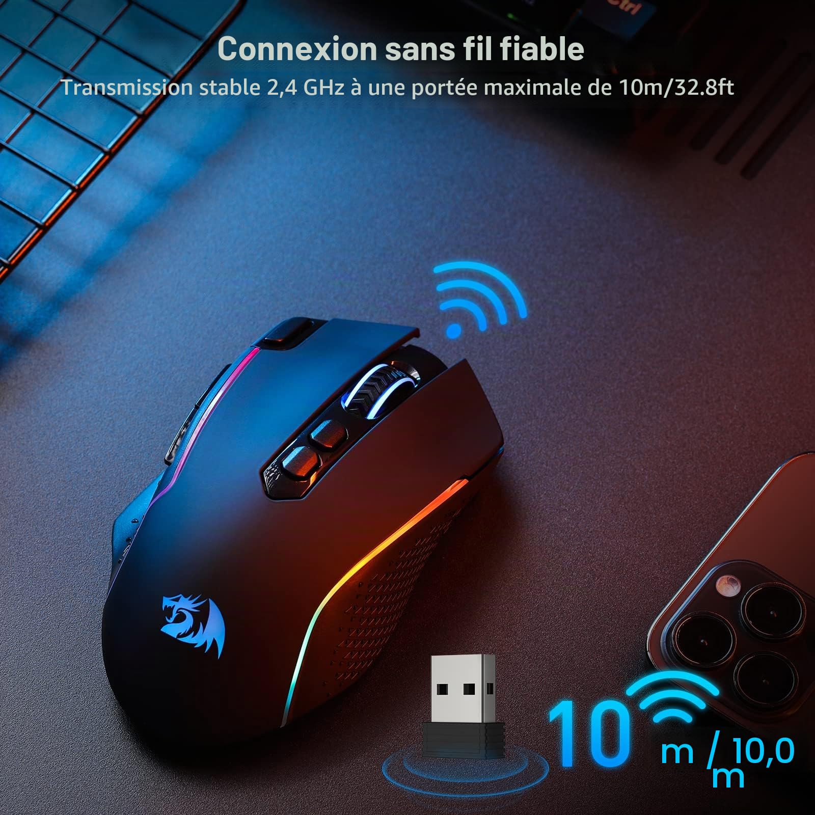 Redragon M810 Pro Souris sans Fil 10000 DPI Tir Rapide 8 Boutons