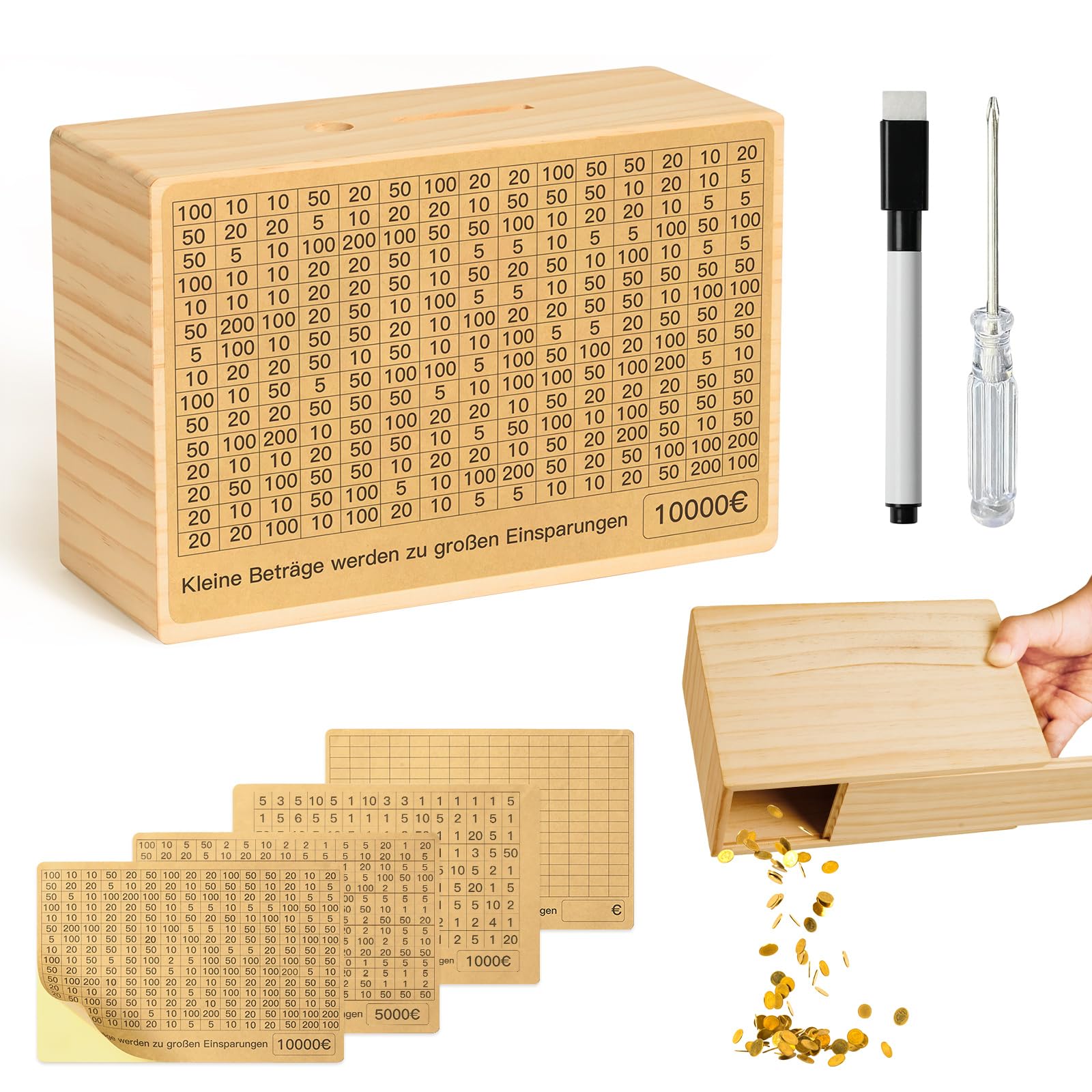 Bemaystar Spardose Holz, Großformatige Spardose Erwachsene für Kinder - Sparbox mit Zähler & Sparzielen für Münzen & Scheine - Ohne Montage Nötig (4 Sparziele von €1000 bis €10000)