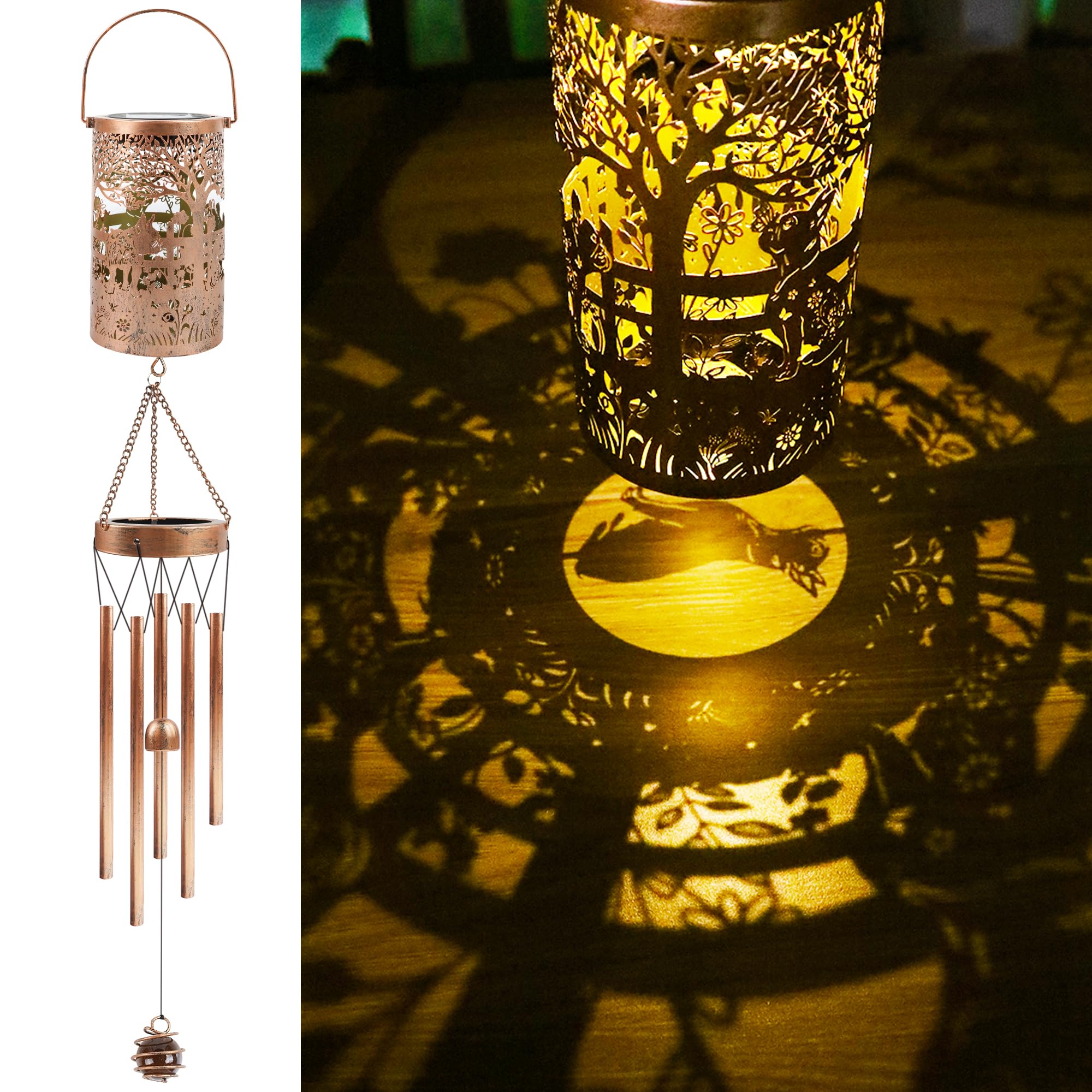 Carillon éolien solaire bouledogue lanterne extérieure suspendue pour déco jardin patio et terrasse