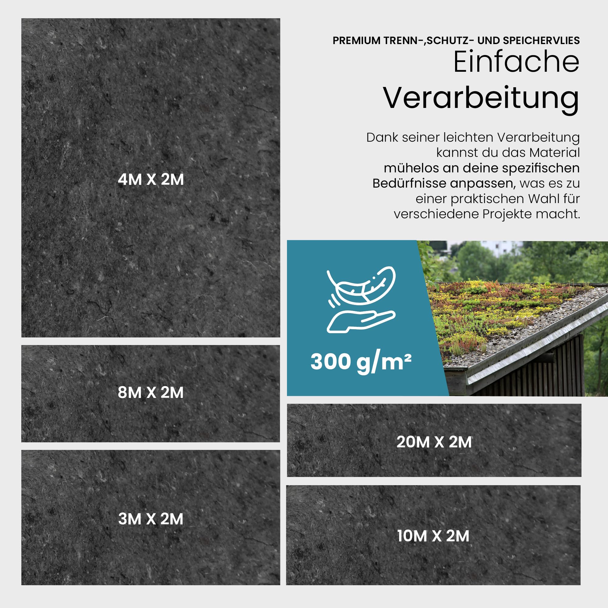 Schutzvlies und Speichervlies 300g/m² für Dachbegrünung/Robustes Trennvlies 15m x 2m zum Schutz der Dachfolie/Bauvlies in grau