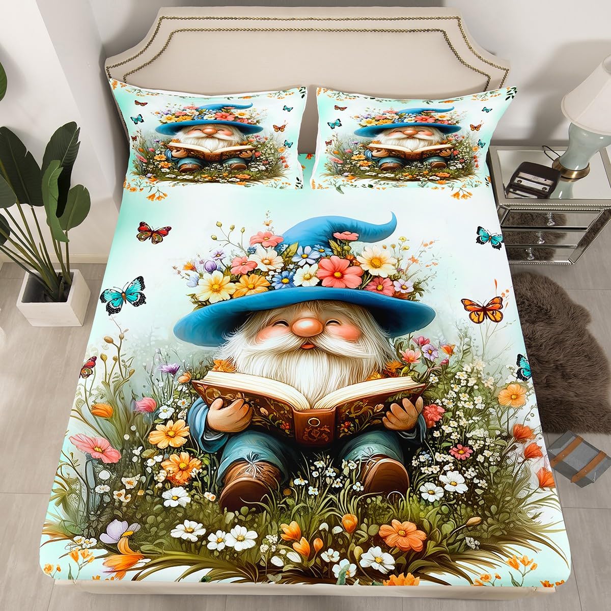 Spring Gnome Bed Sheet Set Reading Gnome Vintage Magical Book Sheet Sets Deep Pocket(No Flat Sheet),Garden Blooming Flowers Rustic Daisy Mattress