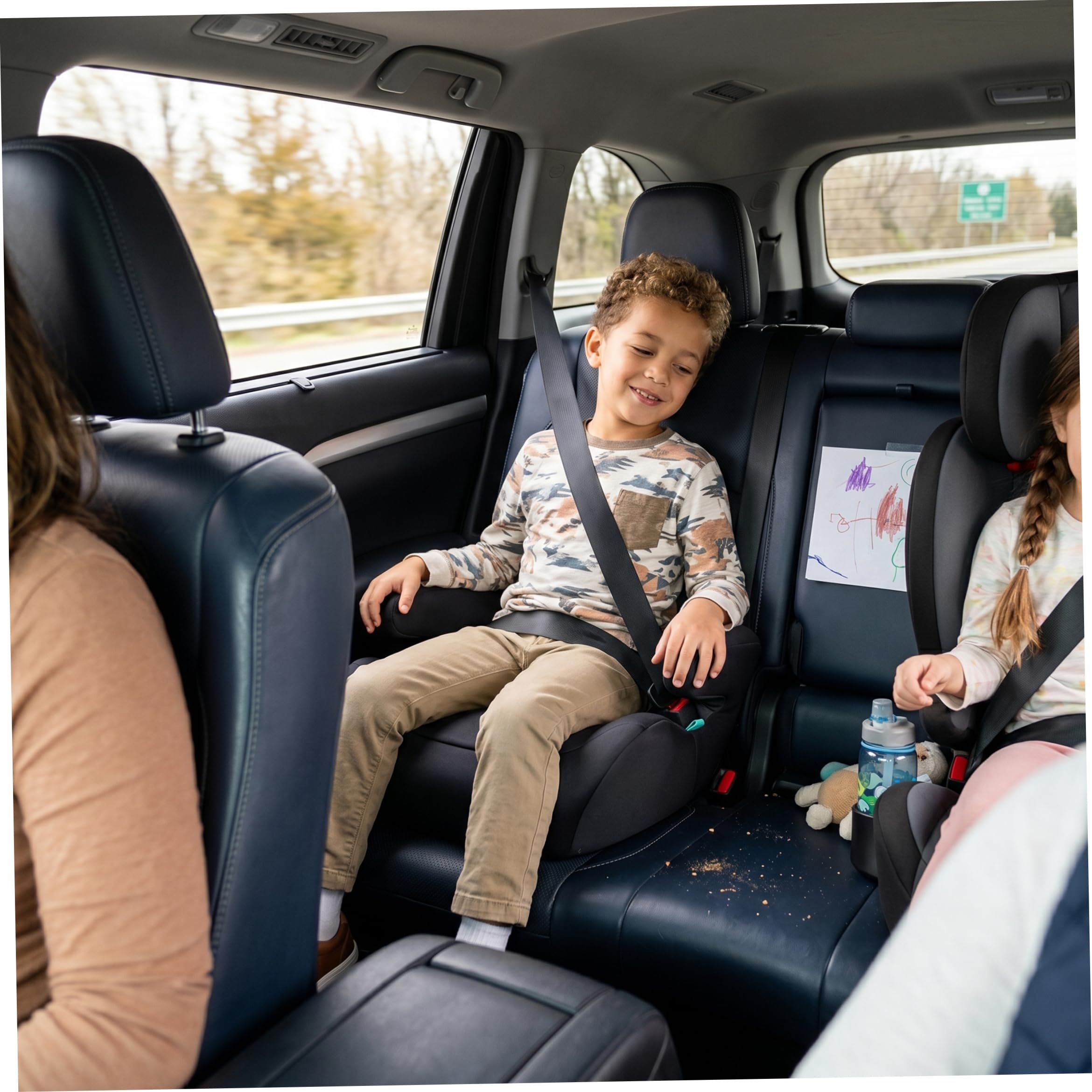 Asiento elevador para automóvil para niños, asiento elevador ergonómico sin respaldo para automóvil, portátil para niños, apto para la mayoría de los vehículos, 15 x 14 x 7 pulgadas, negro.