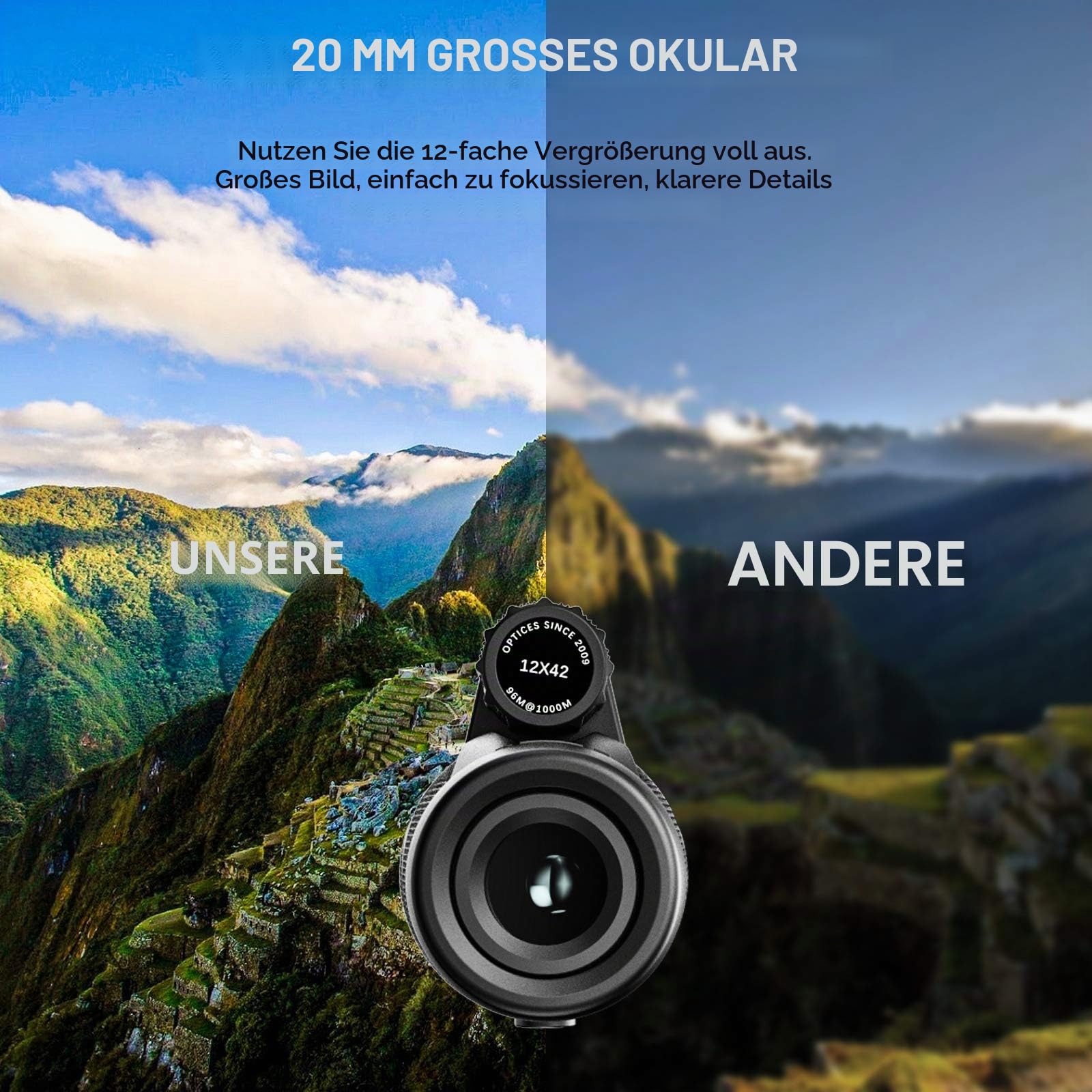 12x42 Zoom Fernrohr monokular, Mono fernglas Erwachsene, mit Smartphone Halter Stativ,für Wildtiere Vogelbeobachtung Wandern Jagd Camping,Ideal für Naturbeobachter (Schwarz)