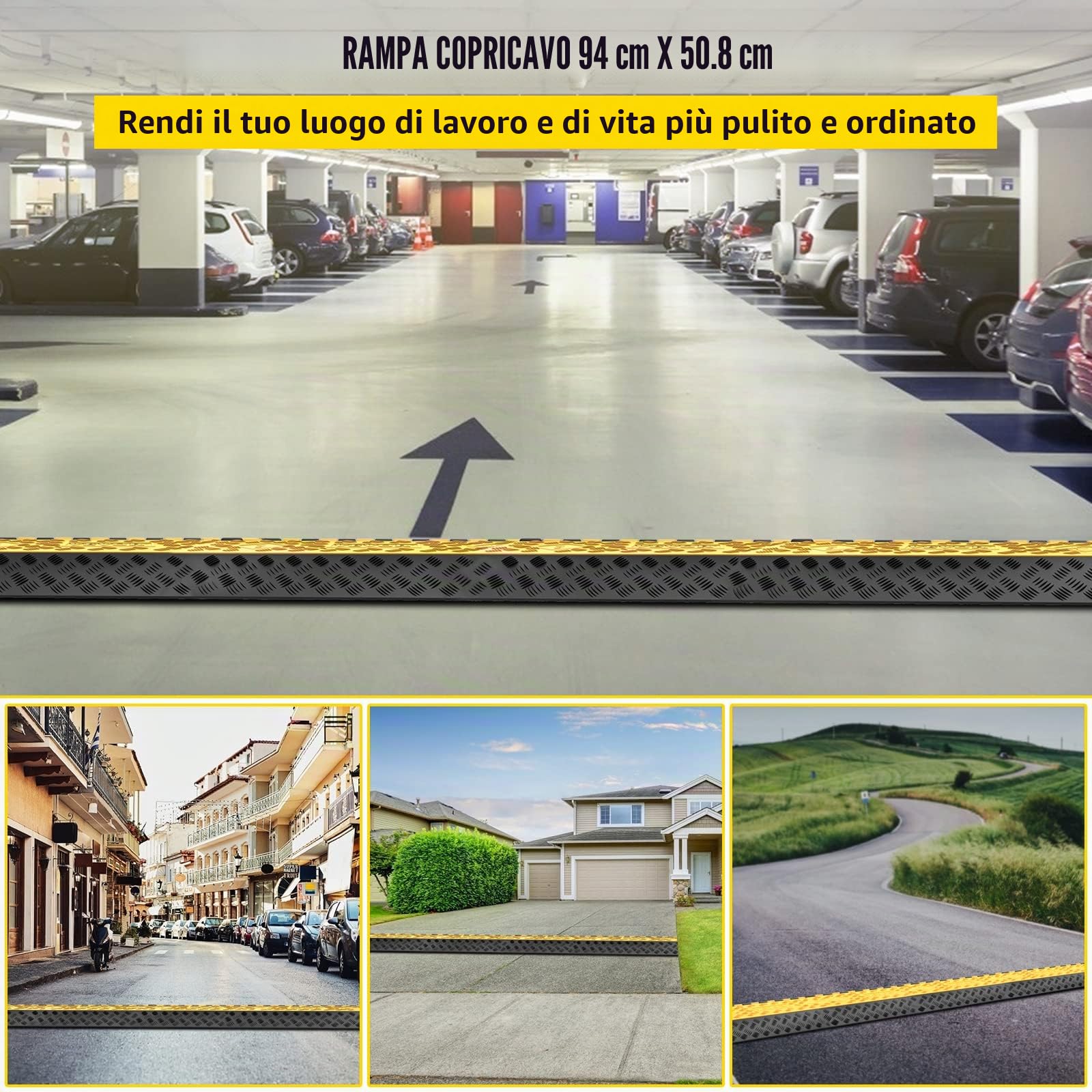 Happybuy Rampa di Protezione del Cavo 44.000 lbs, Copertura del Cavo a 3 Canali, Pavimento Protezione del Pavimento, Canale Copertura del Cavo, Parcheggio Magazzino