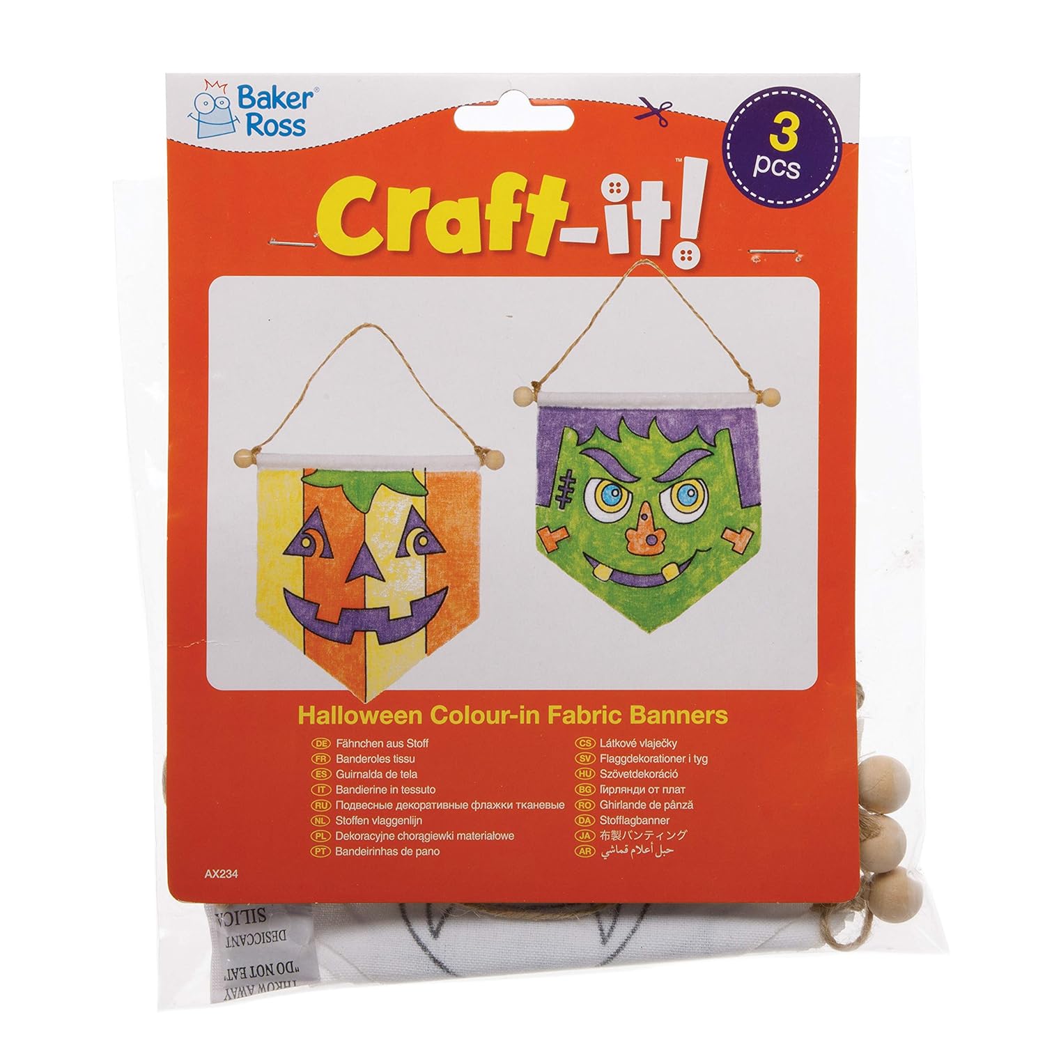 Baker Ross AX234 Halloween Color in Banners - Pack of 3, Fabric Craft Bunting Halloween Party Decorations Children's Art Activity