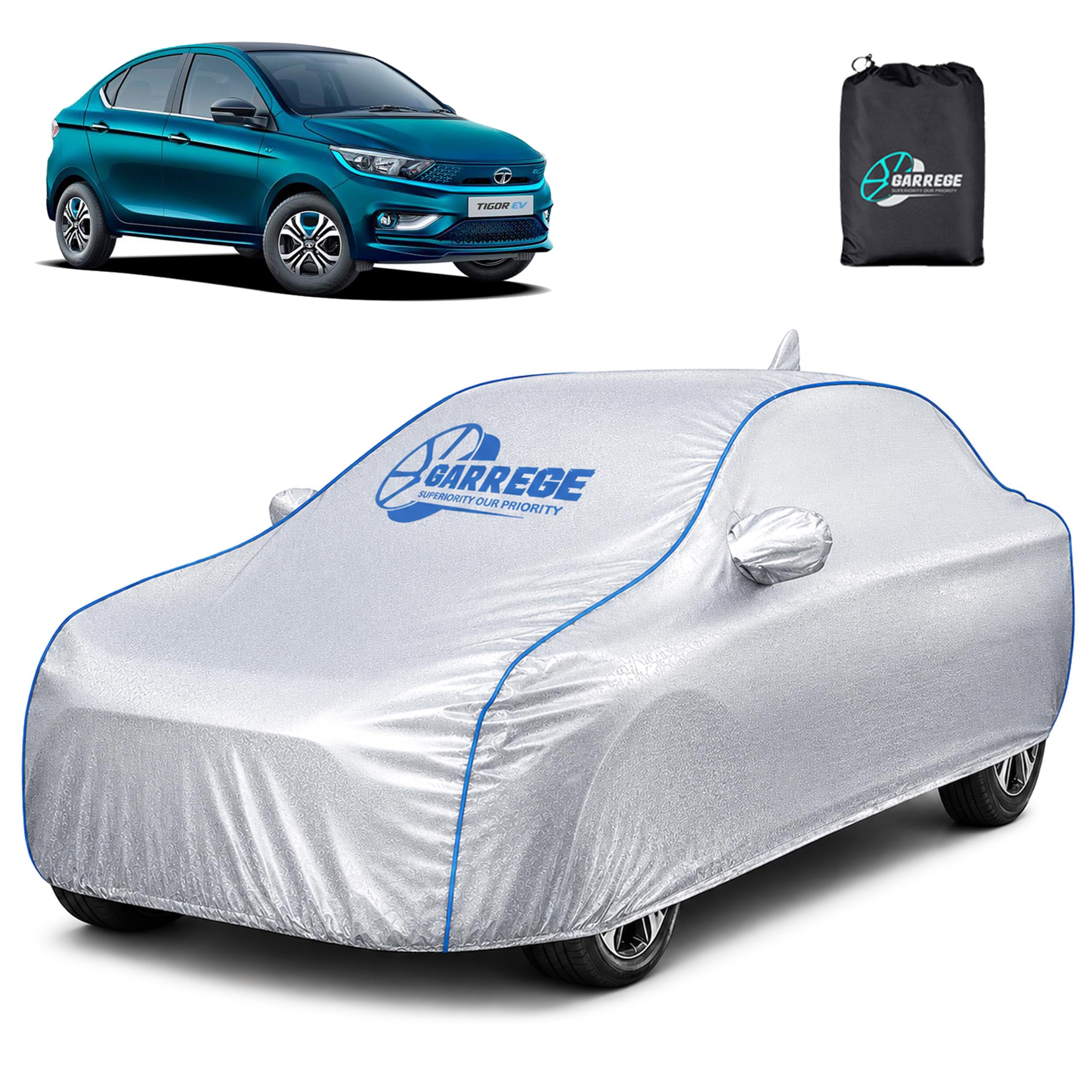 GARREGE Tata Tigor All Models Car Body Cover Waterproof With Side Mirror&Back Antenna Pocket&Soft Inner Cotton For Car(Elacstic In Four Places Triple Stitched)(Metallic Silver Blue Piping Style-image-16
