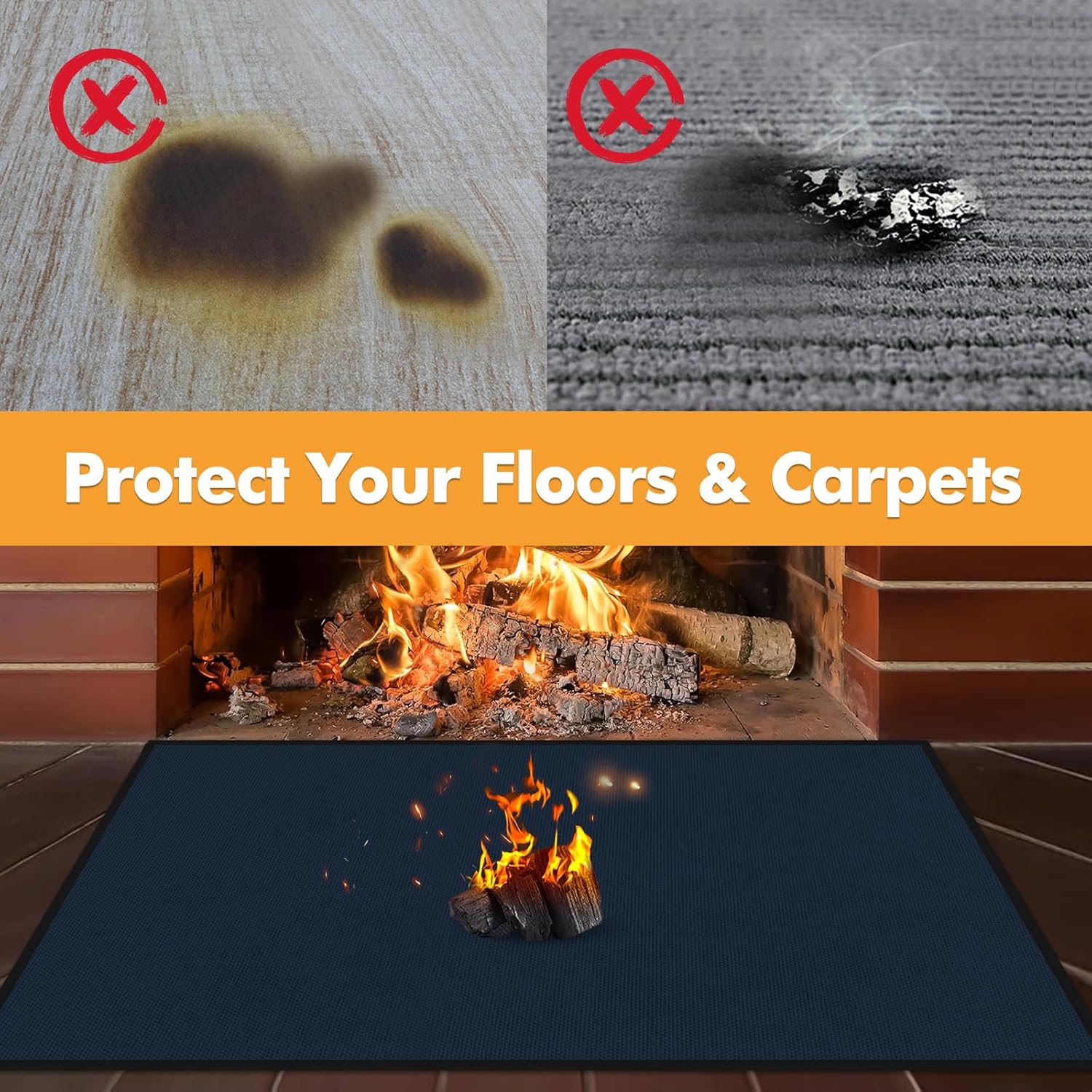 Hearth Rugs for Fireplaces Fire Resistant, 42 x 24 x 0.04 inch Fireproof Fireplace Mat Hearth Rug, Hearth Pads for Wood Stove Fireplace Indoor Outdoor, Protect Floors Carpets from Sparks Embers-Blue