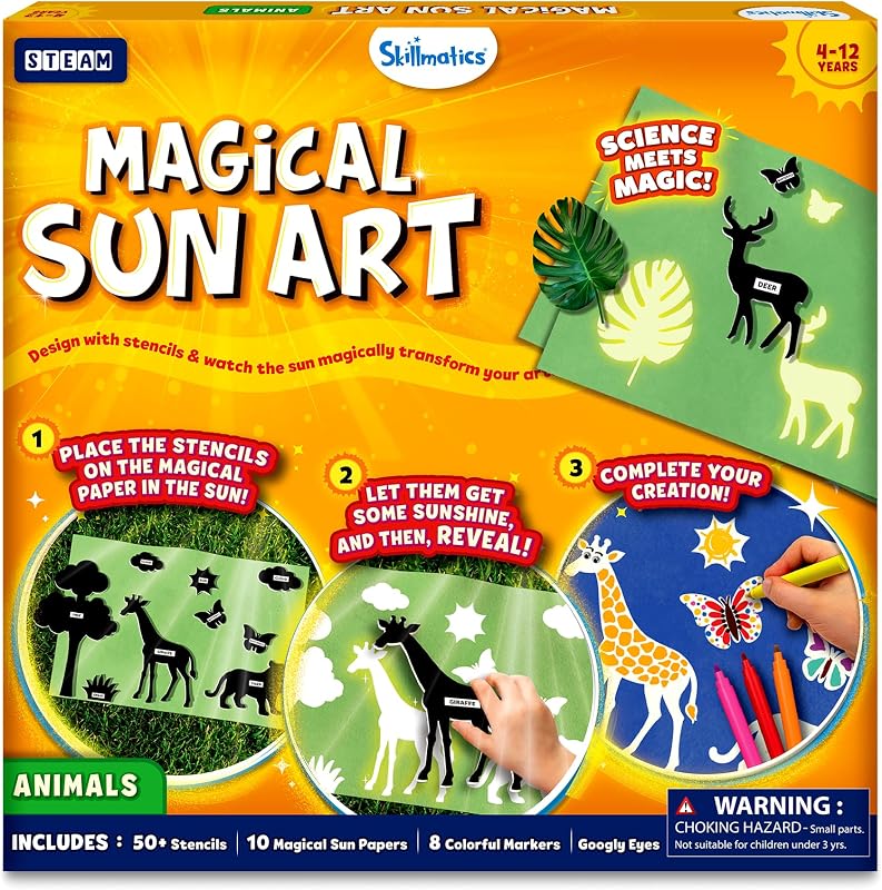 Magical Sun Art – Animales, kit de manualidades de papel STEM, regalo para niños | Papel decorativo, plantillas y marcadores de animales, crea con la luz del sol, sin ensuciar, regalos para edades de 4, 5, 6, 7, 8, 9, 10, 11, 12 años
