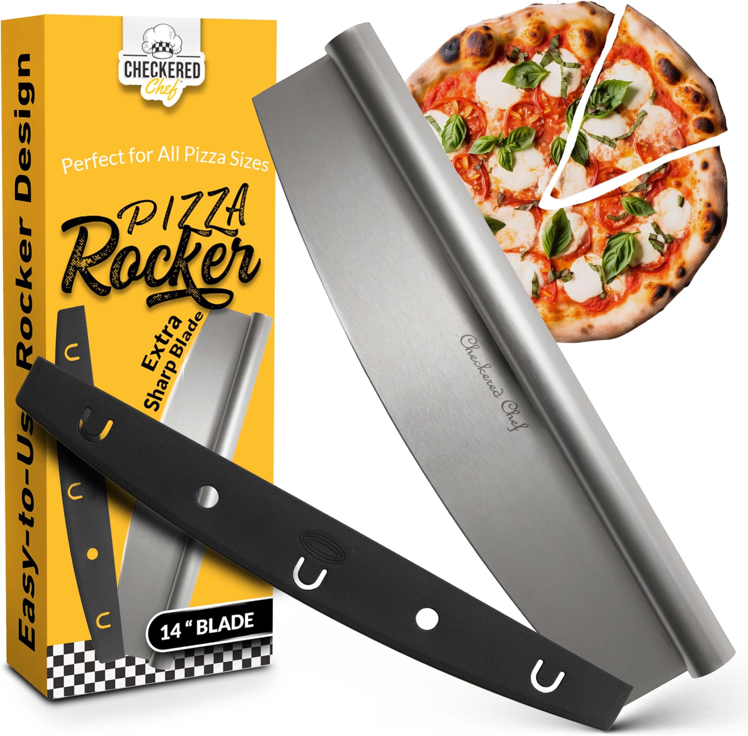 Pizza Cutter Rocker Blade 14" - Sharp Stainless Steel Rocker Knife with Plastic Blade Sheath, Dishwasher Safe, Outdoor Pizza Oven Accessories