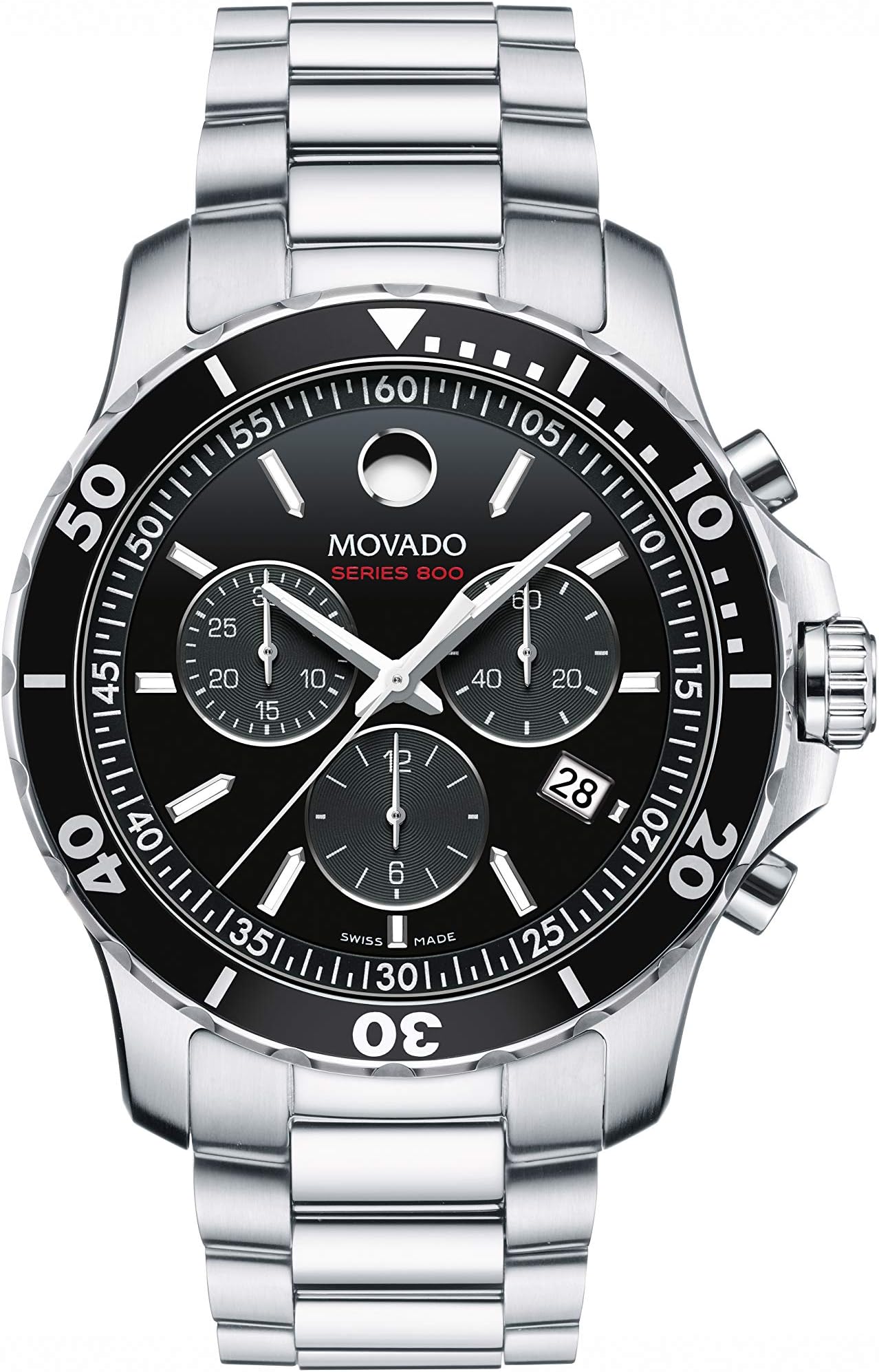 MovadoSeries 800 Men's Watch - Swiss Quartz Chronograph Movement, Stainless Steel Link Bracelet - 20 ATM Water Resistance - Luxury Fashion Timepiece for Him - 42mm