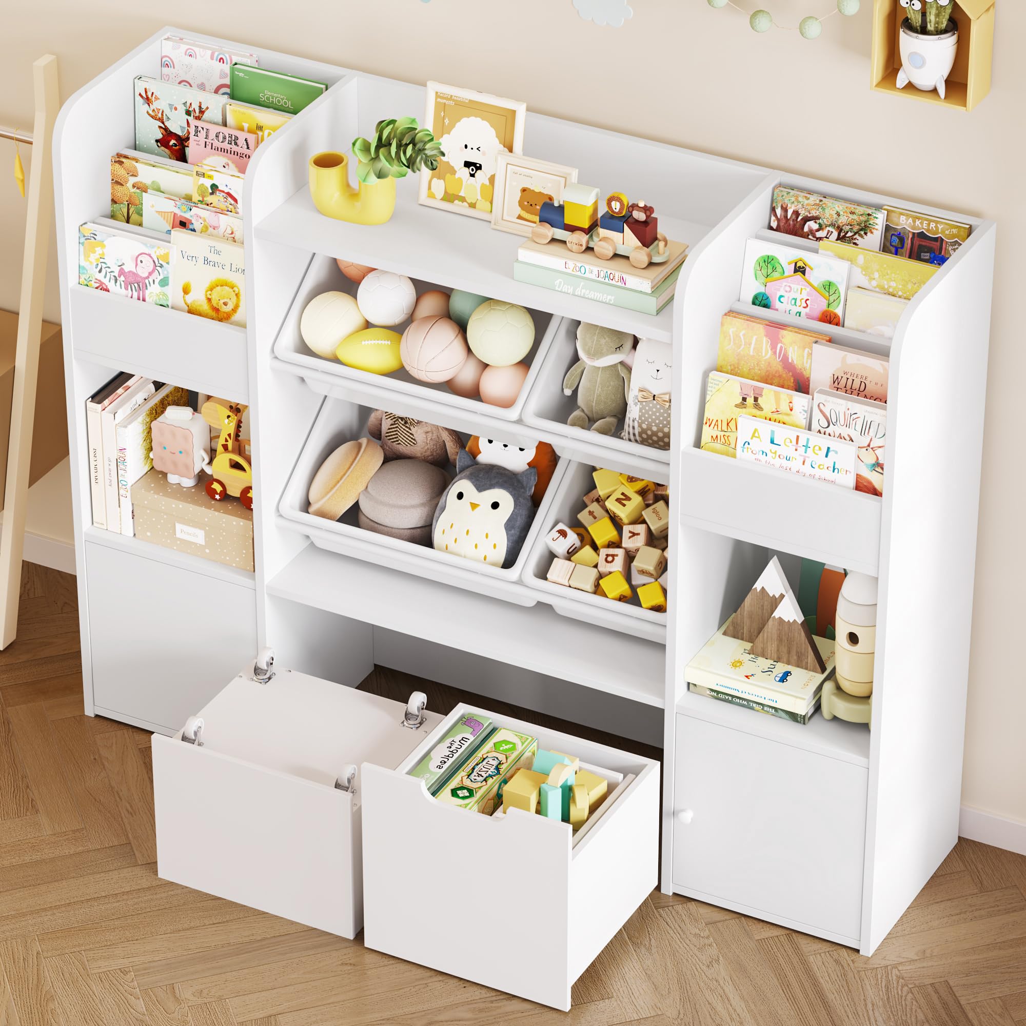 FOREHILL Meuble Rangement Enfant Bibliothèque Enfant Boîtes Amovibles Blanc | Rangement jouet et livres 126x30x104cm | 13 Étagères 2 tiroirs roulants | Meuble pour chambre salle de jeu | Facile à monter