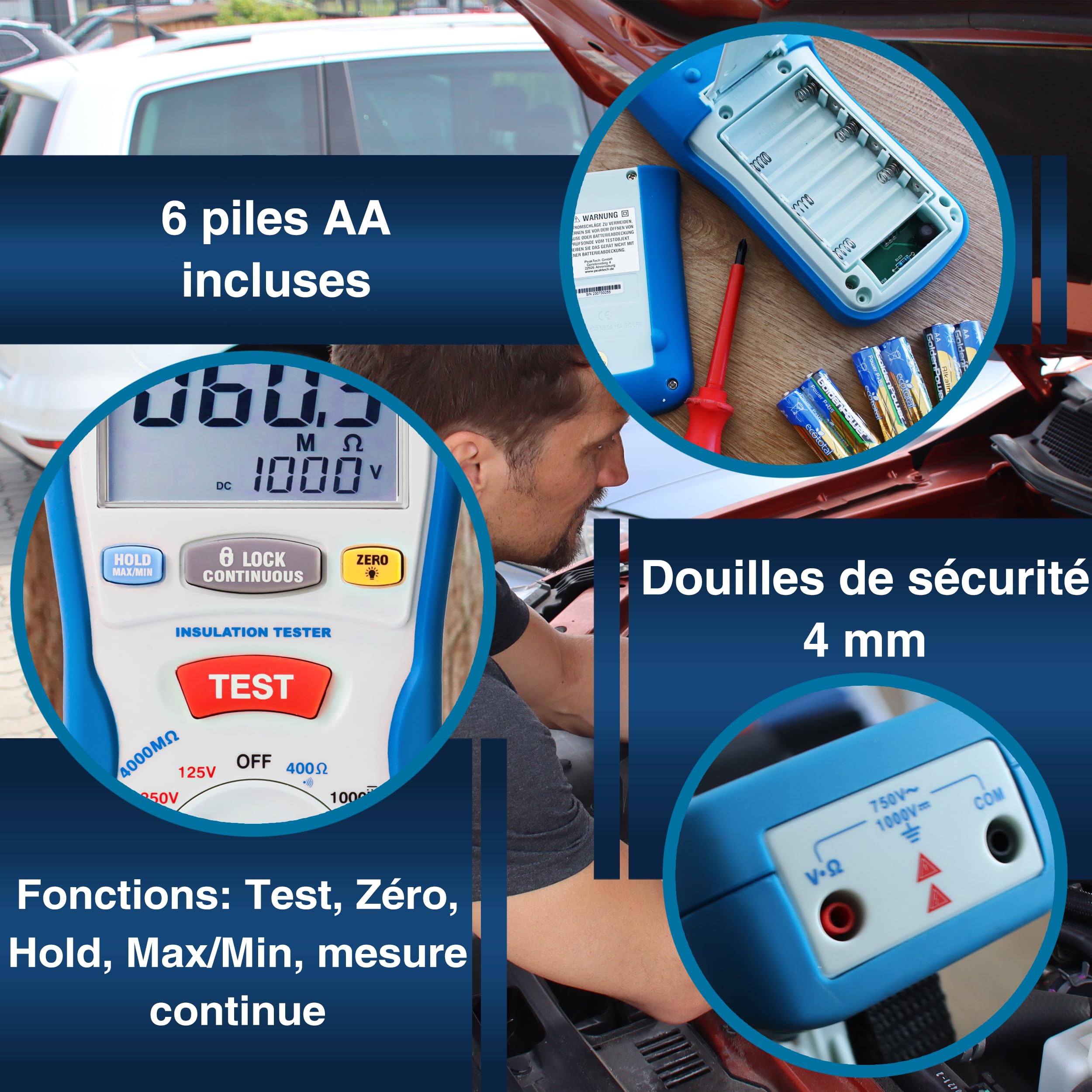 PeakTech 2695 - Testeur d'Isolation Électrique, Voltmètre, Testeur de Continuité, Circuits et Fusibles, Fonctions Min/Max et Data-Hold, TÜV/GS - 125V, 250V, 500V, 1000V