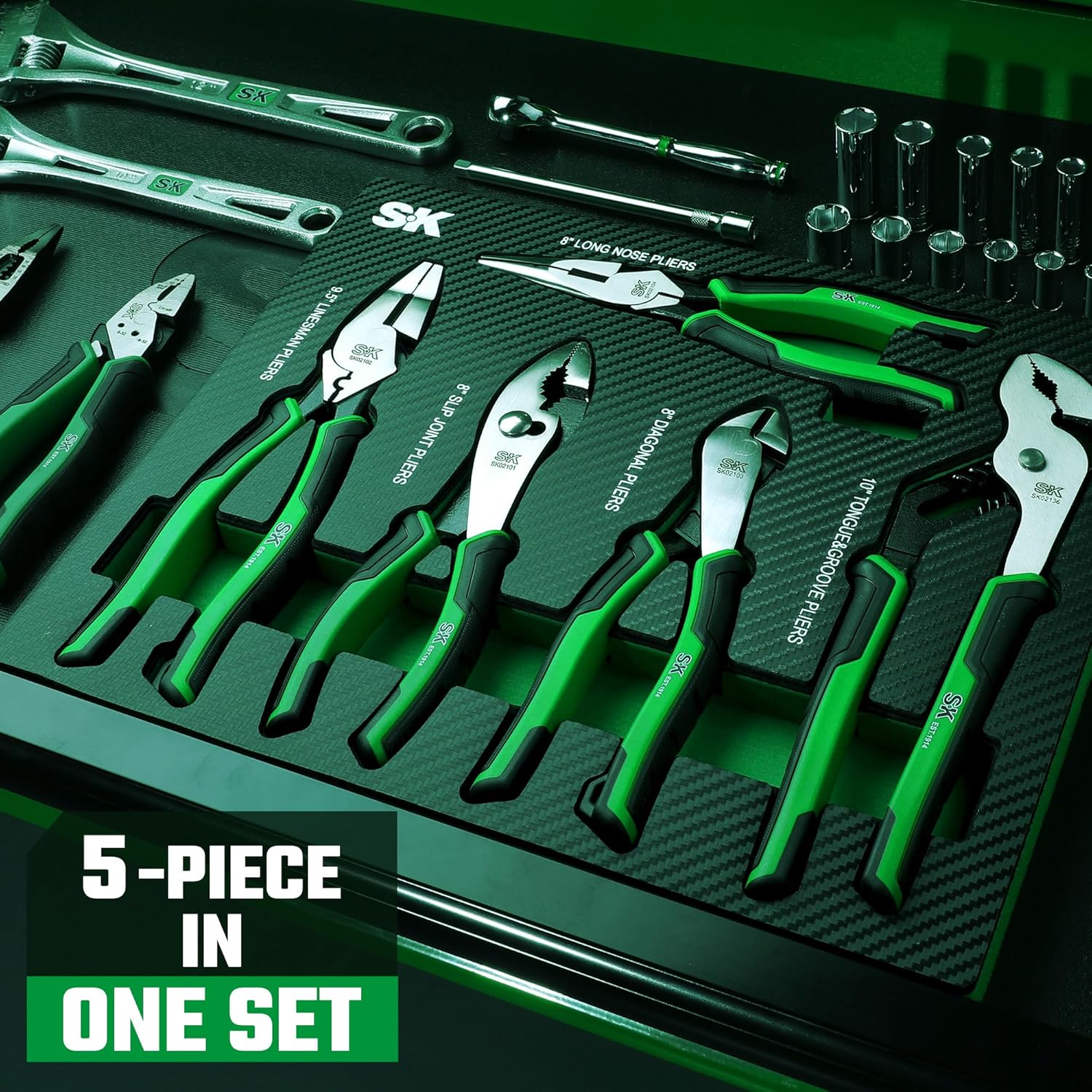 SK 5-Piece Pliers Set, 8" Long Nose, 9.5" Linesman, 8" Slip Joint, 8" Diagonal, and 10" Groove Joint, with EVA Foam Tool Organizer