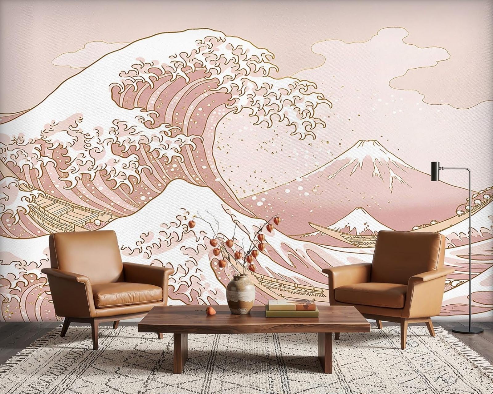 hgjdjhnf Photo Wallpaper Great Wave Kanagawa Fuji Pastel Pink Japanese Art Modern Wall Mural Living Room Bedroom Wall Decor Motif Wallpaper, 350cm x 256cm Stickers - Frameless Painting - Poster