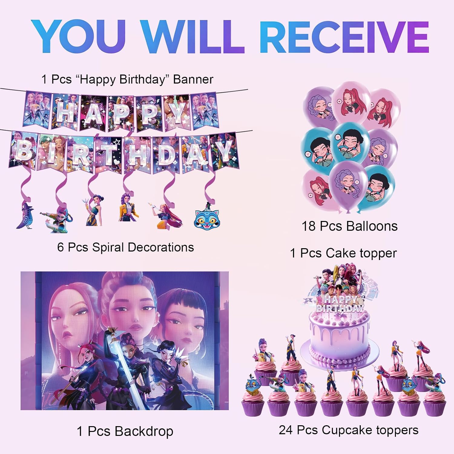 51 Pcs Cute Cartoon Birthday Decorations, Demon Anime Hunter Birthday Party Decorations, Includes 1 “Happy Birthday” Banner, 6 Spiral Garlands, 18 Latex Balloons, 1 Cake Topper, and 24 Cupcake Toppers