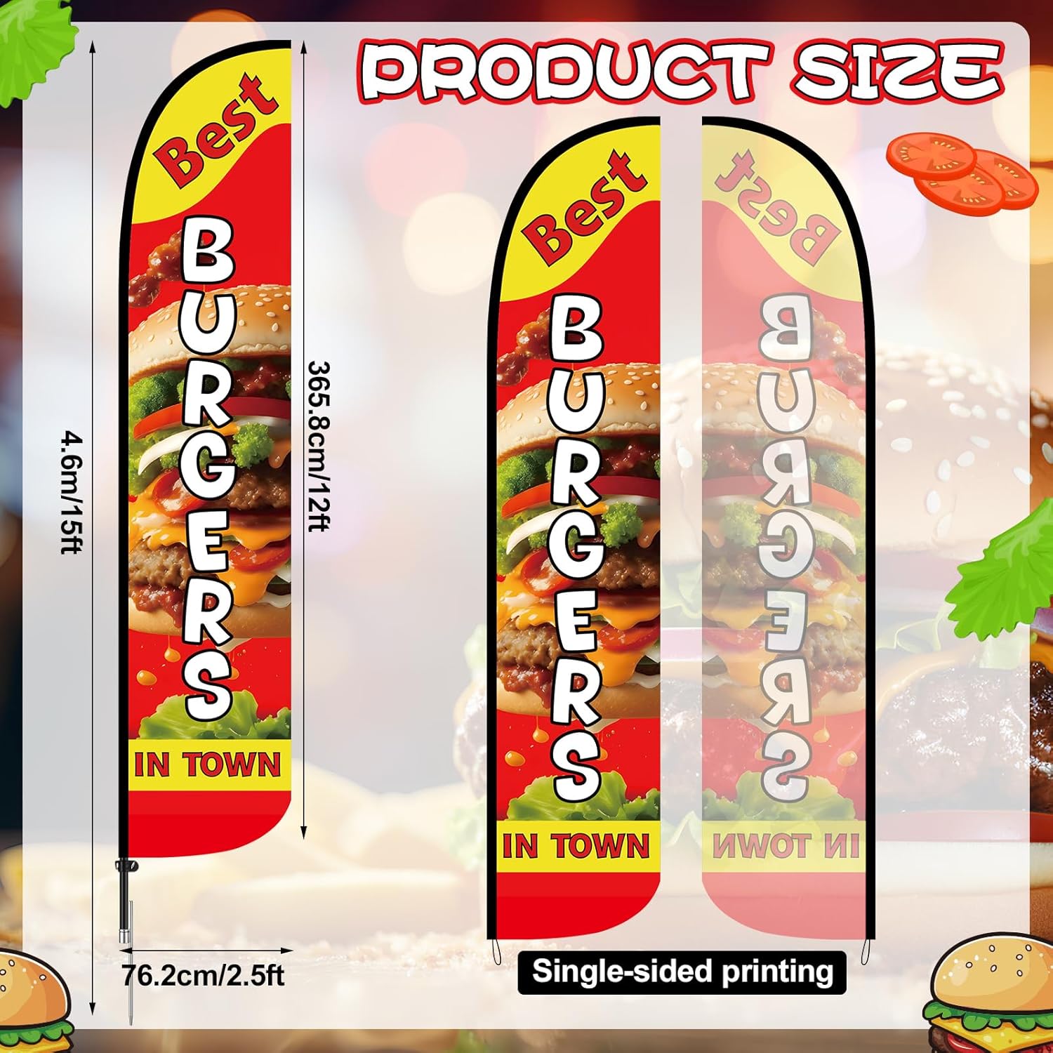 Remagr 1 Pack 15ft Best Burgers in Town Flag Kit Burgers Advertising Flag Swooper Banner with Pole Kit Outdoor Advertising Feather Flags for Hamburg Food Store Restaurant Entrances Street