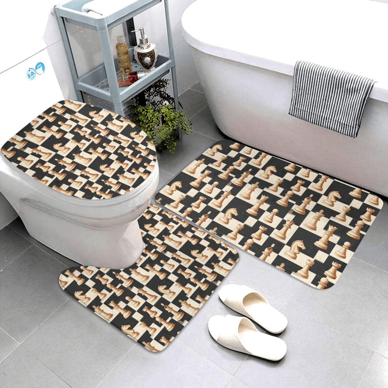 Tapis de bain vintage à imprimé d'échecs, lot de 3 pièces absorbantes pour WC