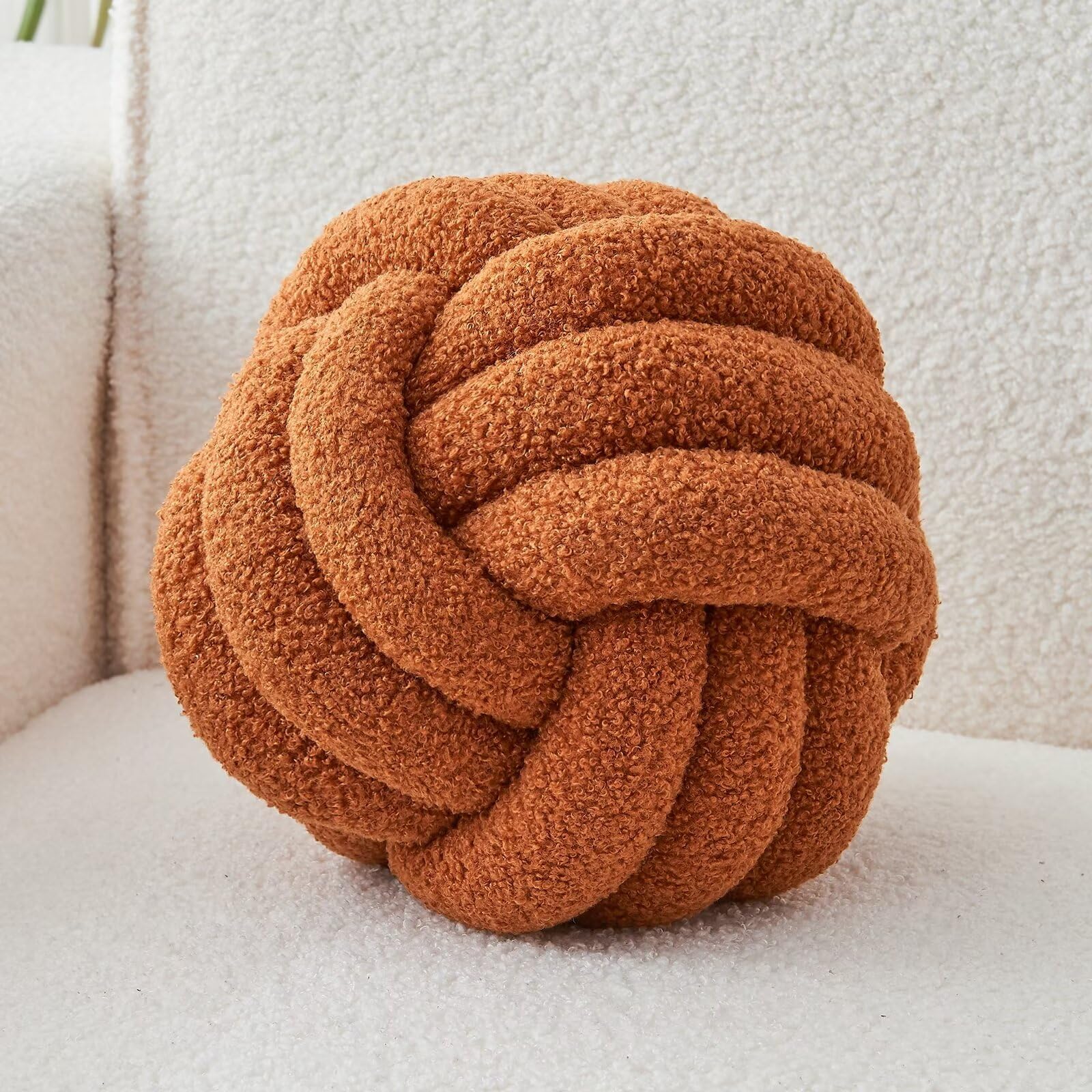 LUSJNGE Decorative Throw Knot Pillow Ball for Home Chair Sofa Couch Bed Aesthetic Round Decor Pillows Lambswool Knotted Pillow Cushion (Caramel, 13