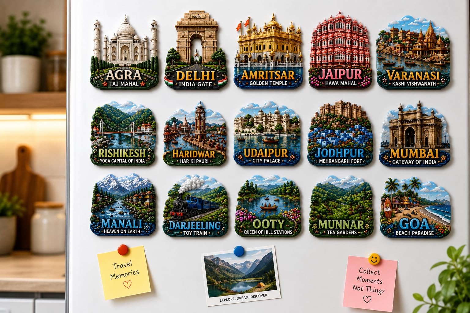 India Tourist Fridge Magnets Set of 20 | 3D Wooden Souvenir Magnets with Famous Indian Cities & Landmarks | Refrigerator, Locker & Office Decor | Travel Collection Gift-image-29