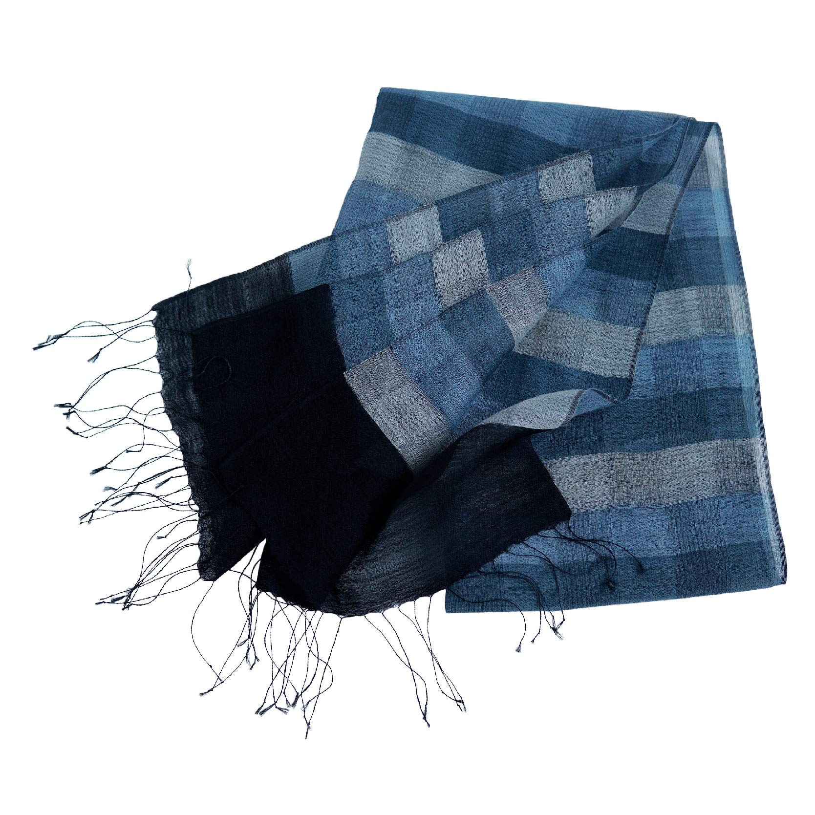 Wool & Silk Blended Color Woven Scarf,71"Lx20"W, Blue,Gray and Black