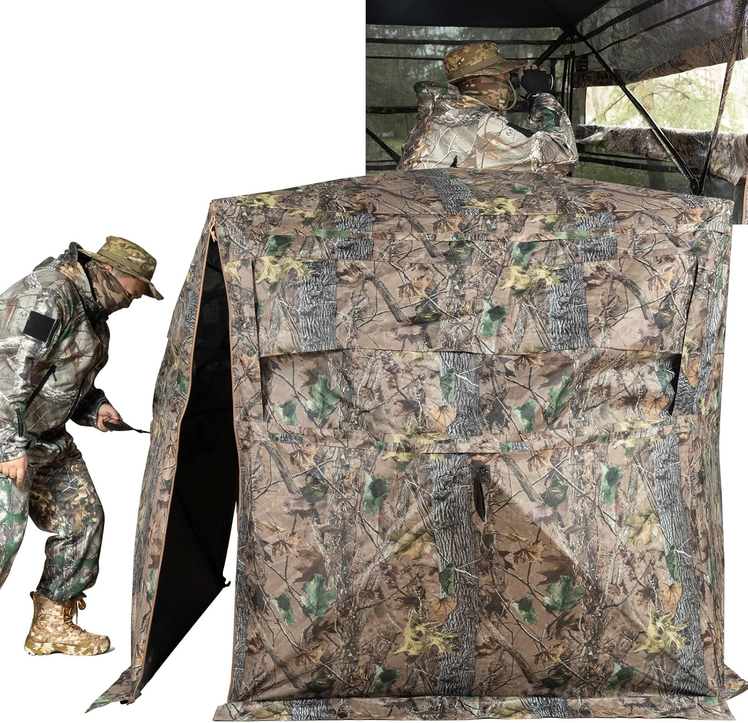 Hunting Blind, 360° See Through Ground Blind for Turkey Hunting, Turkey Ground Blind, Hunting Blind for Turkey & Deer, 2-3 Person Pop Up Portable Camouflage Tent with Carrying Bag