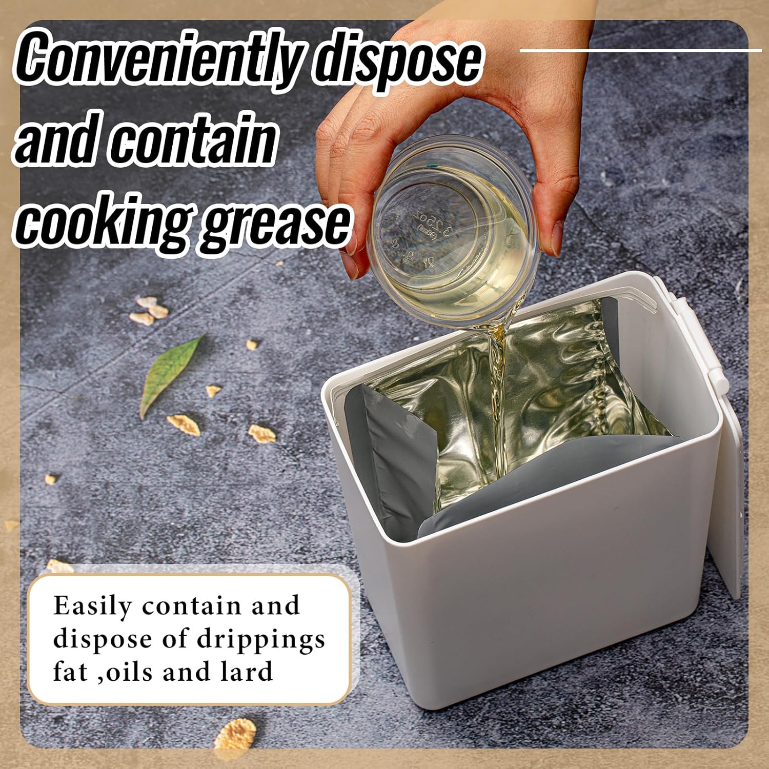 Hushee Set of 76 Grease Container for Kitchen with 75 Pcs Foil Liners Disposable Grease Bags, 1 Pcs White Storage Bin, Cooking Oil Container Help Stop Kitchen Drains from Getting Clogged