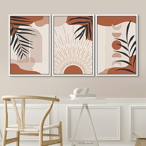 Miniatura 8 de IDEA4WALL Lienzo enmarcado para pared, juego de arte geométrico de mediados de siglo, polígono verde, hojas tropicales, formas abstractas,