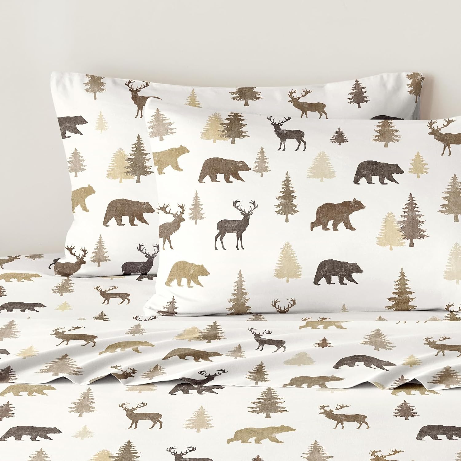 Wake In Cloud - Cabin Bed Sheets, 4-Piece Sheet Set, Rustic Lodge Western Country Bear Deer Wildlife Forest Theme Bedding, Deep Pocket, Brown White, Queen Size