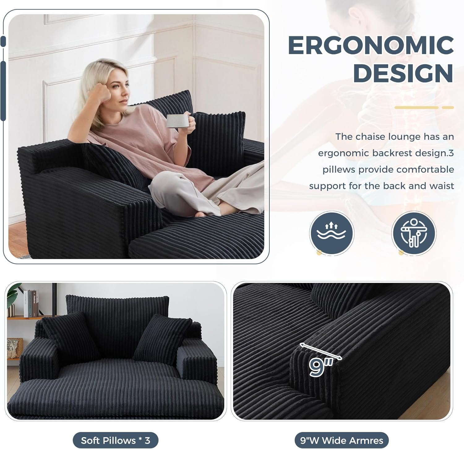 64" x 51" Oversized Chaise Lounge Chair Indoor, Upholstered Boneless Sofa Bed, Sleeper Sofa Reading Chairs Fluffy Plush Faux Fur Cloud Couches for Living Room, Bedroom, Apartment (Black, 46.5")