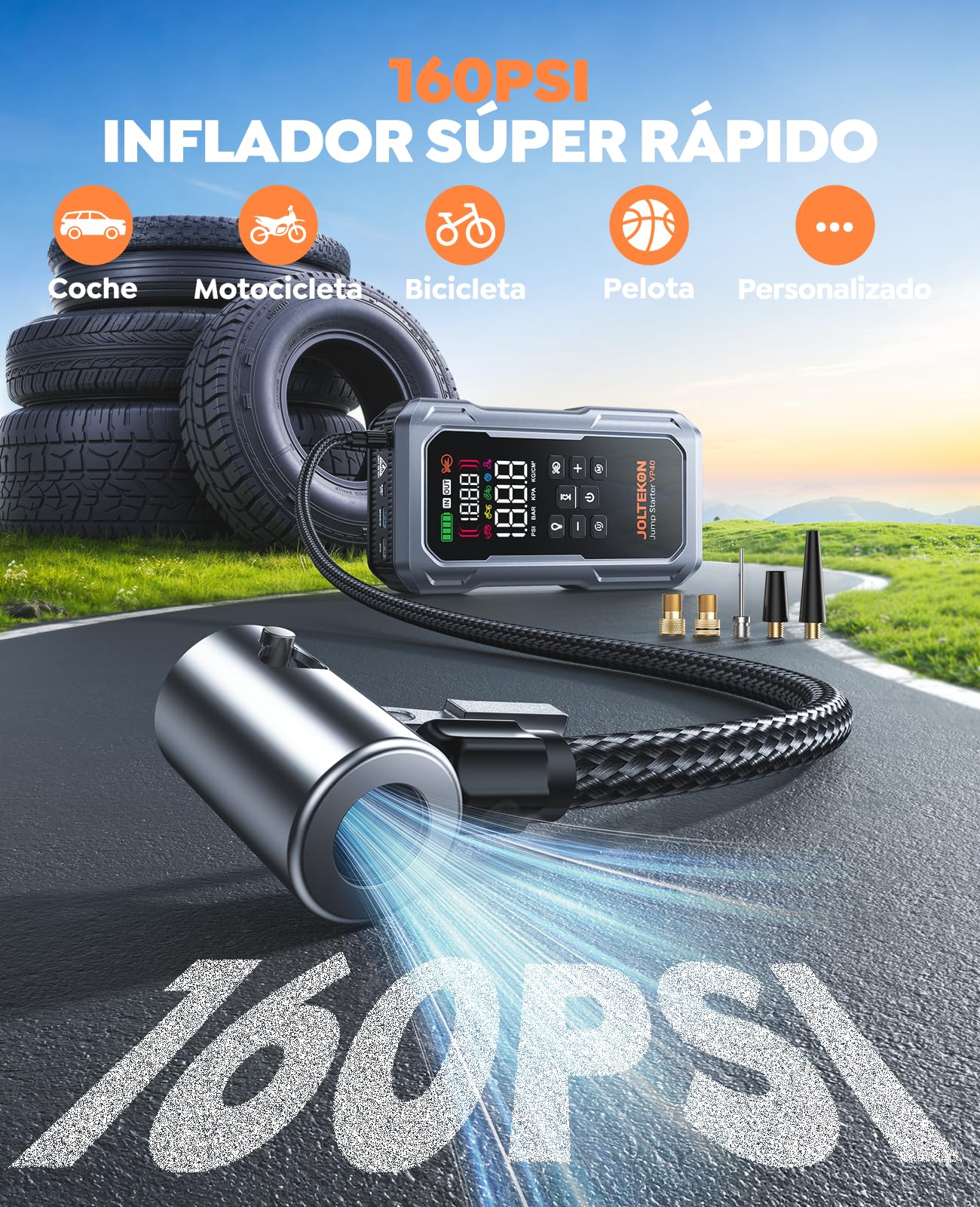Arrancador de Baterías de Coche con Compresor de Aire y Soplador, 7000A Joltekon 12V Arrancador de Coche Portatil (Todo Gas/12,0L Diesel) con 160PSI Inflador, Soplador de Inflado/Desinflado y Linterna