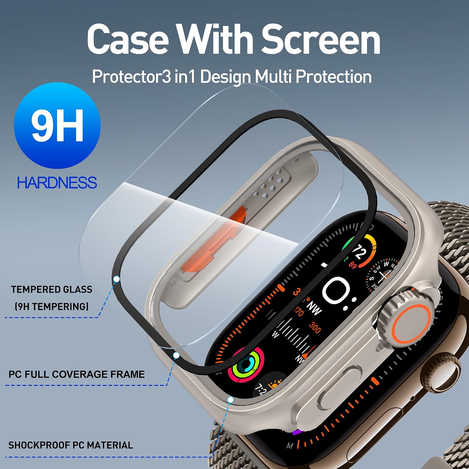 Suoman for Apple Watch 46mm Tempered Glass Screen Protector Case, [Looks Like Ultra] All-Round Durable Hard PC Protective Cover for iWatch Series 11/10 (Titanium-46mm)