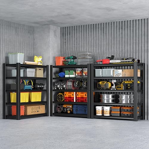 Vista 9 de Estantería de almacenamiento de garaje de 5 niveles resistente, estante de metal sin pernos para organización de garaje, estante de acero negro-1