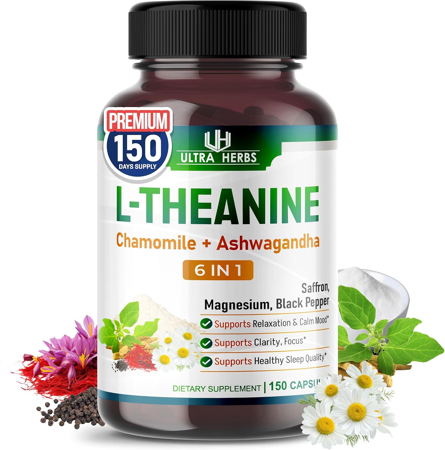 Ultra Herbs L-Theanine 6-in-1 Formula, Chamomile & Saffron, 150 Capsules