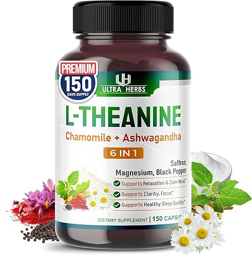 Suplemento de L-teanina - Complejo 6 en 1 enriquecido con magnesio, ashwagandha, azafrán, manzanilla - Apoya la relajación, la calma y la calidad