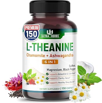 L-Theanine Supplement - 6 in 1 Complex Enriched with Magnesium, Ashwagandha, Saffron, Chamomile - Support Relaxation, Calmness & Sleep Quality | 150 Capsules