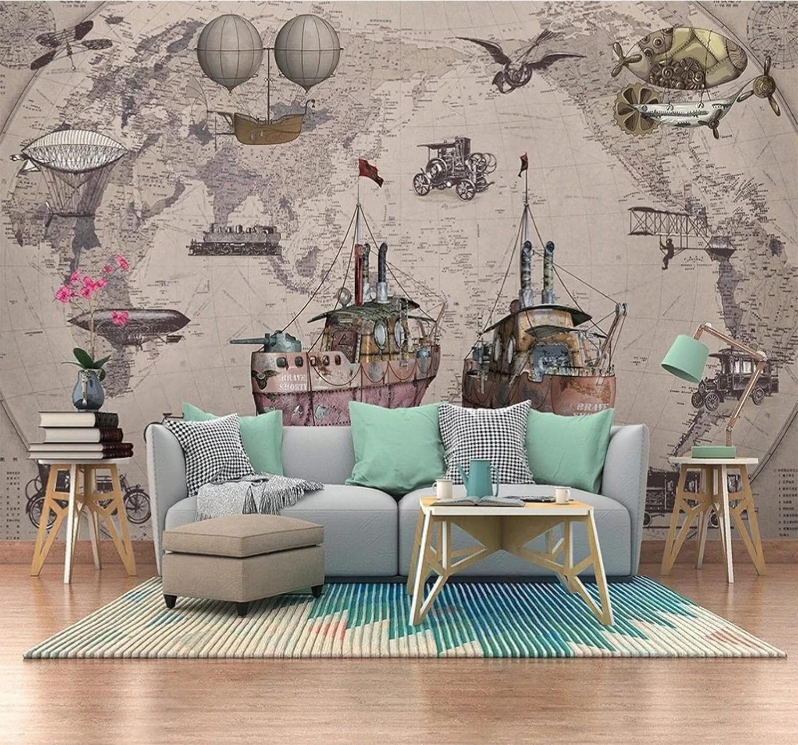 Xlming 150Cm×105Cm(B×H) Retro Sailing Ships Aeroplanes World Map Pub 3D Wallpaper Luxury Home Dining Decor Paste Sofa Living Room The Wall For Bedroom Mural-150Cm×105Cm