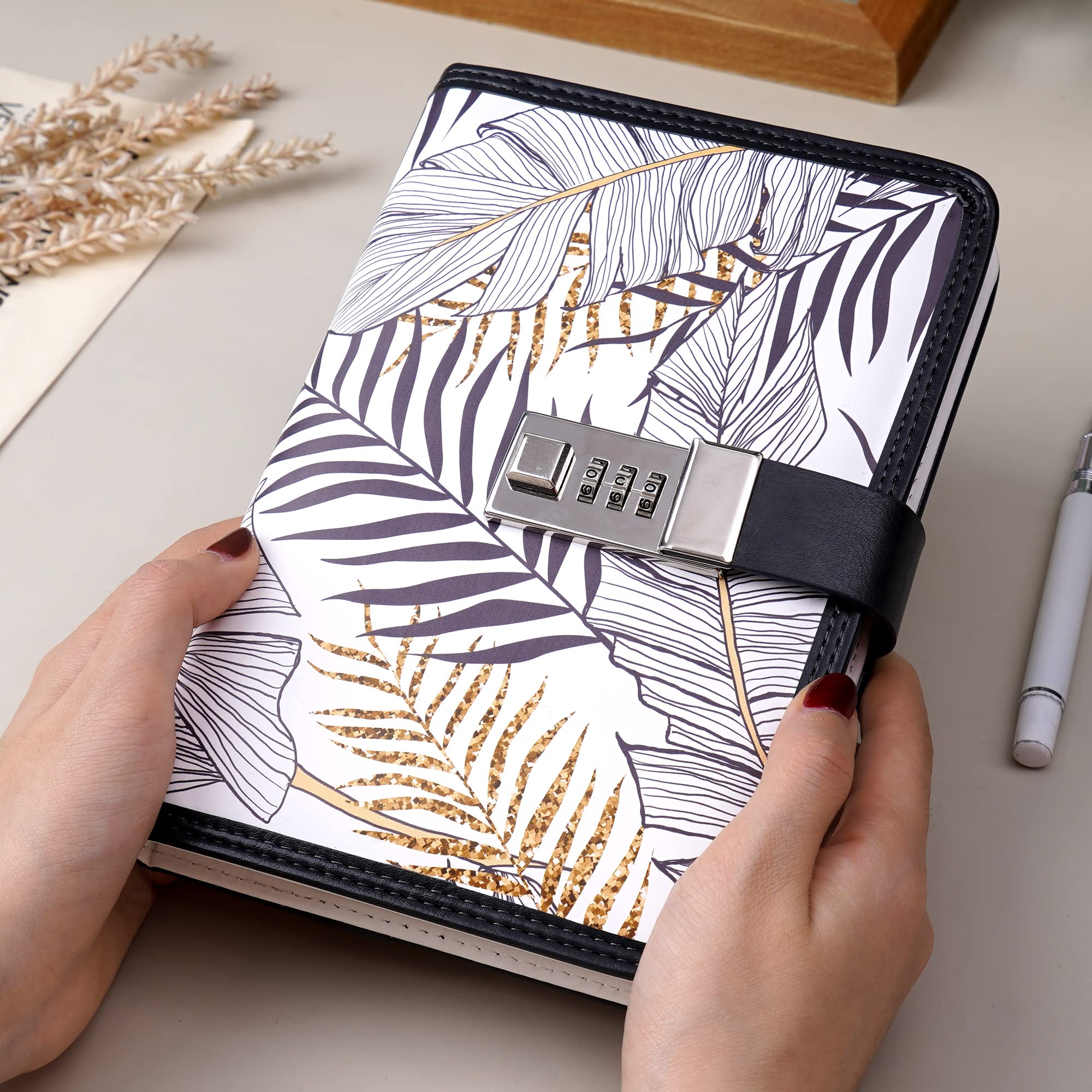 CAGIE Journal with Lock Combination Digital 224 Pages Lockable Secrets Diary, Printed Leaves Design Locking Journal for Adults, 5.1 x 7.4 Inch, White