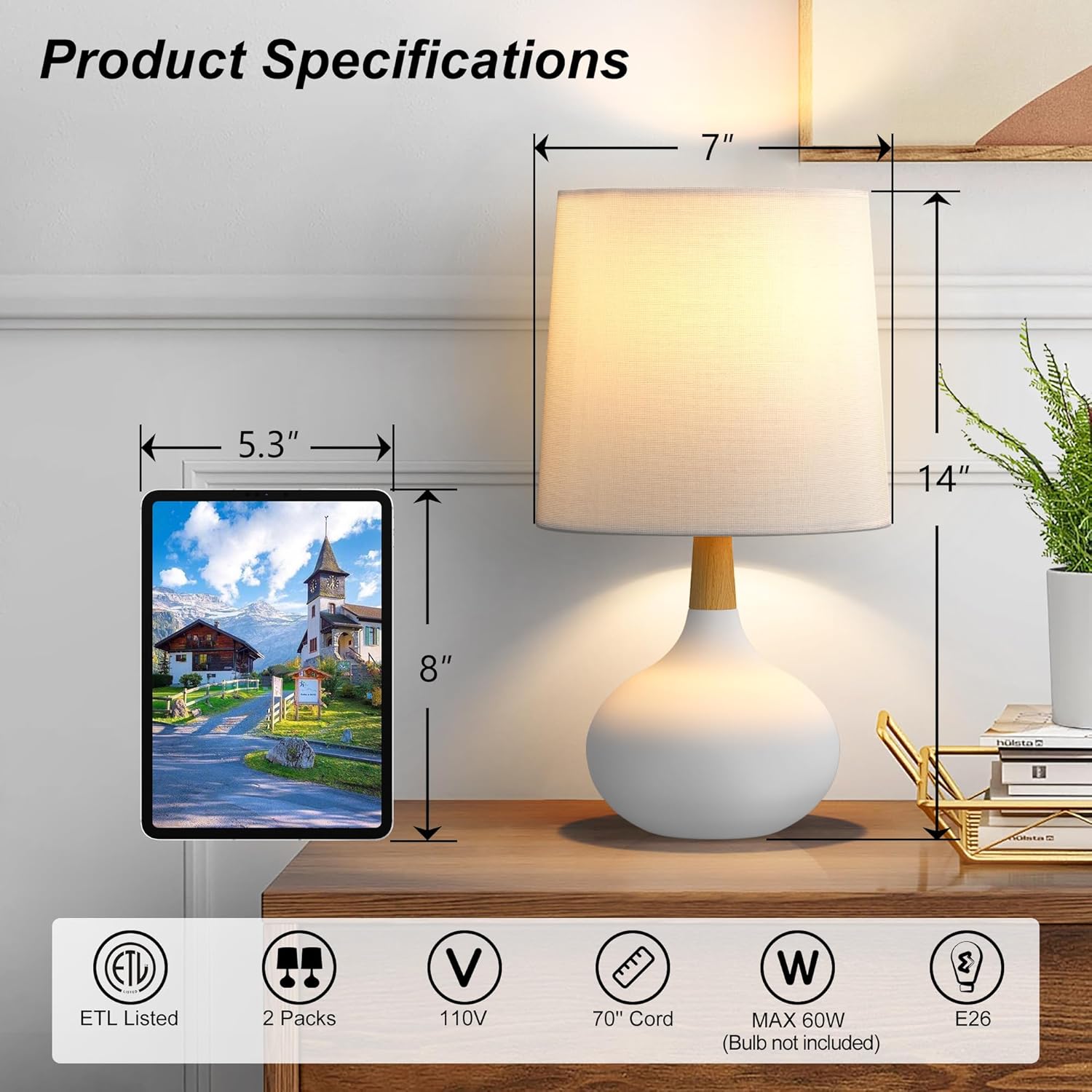 14" Small Ceramic Table Lamp Set of 2, Bedside Lamp for Living Room with Natural Wood Stem & Linen Shade for Home Decor, Modern Farmhouse End Table Lamp for Nightstand, Bedroom & Office(White)