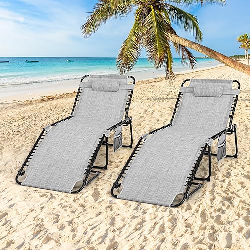 Miniatura 8 de Giantex Silla de descanso para exteriores, silla de bronceado plegable con 4 posiciones ajustables, reposacabezas extraíble, reposapiés, bolsillo