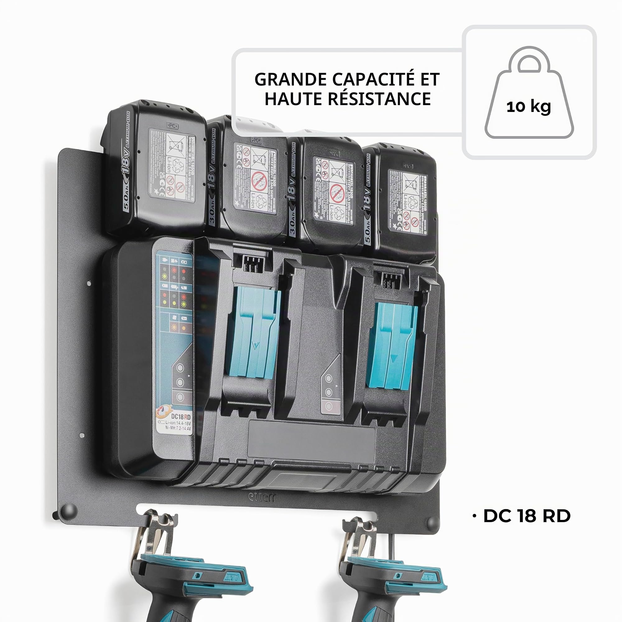 • Support métallique mural pour batteries et chargeurs Makita 18 V LXT • Compatible avec DC18RC et DC18RD • Station de charge • Panneau d'outils et crochet de perceuse