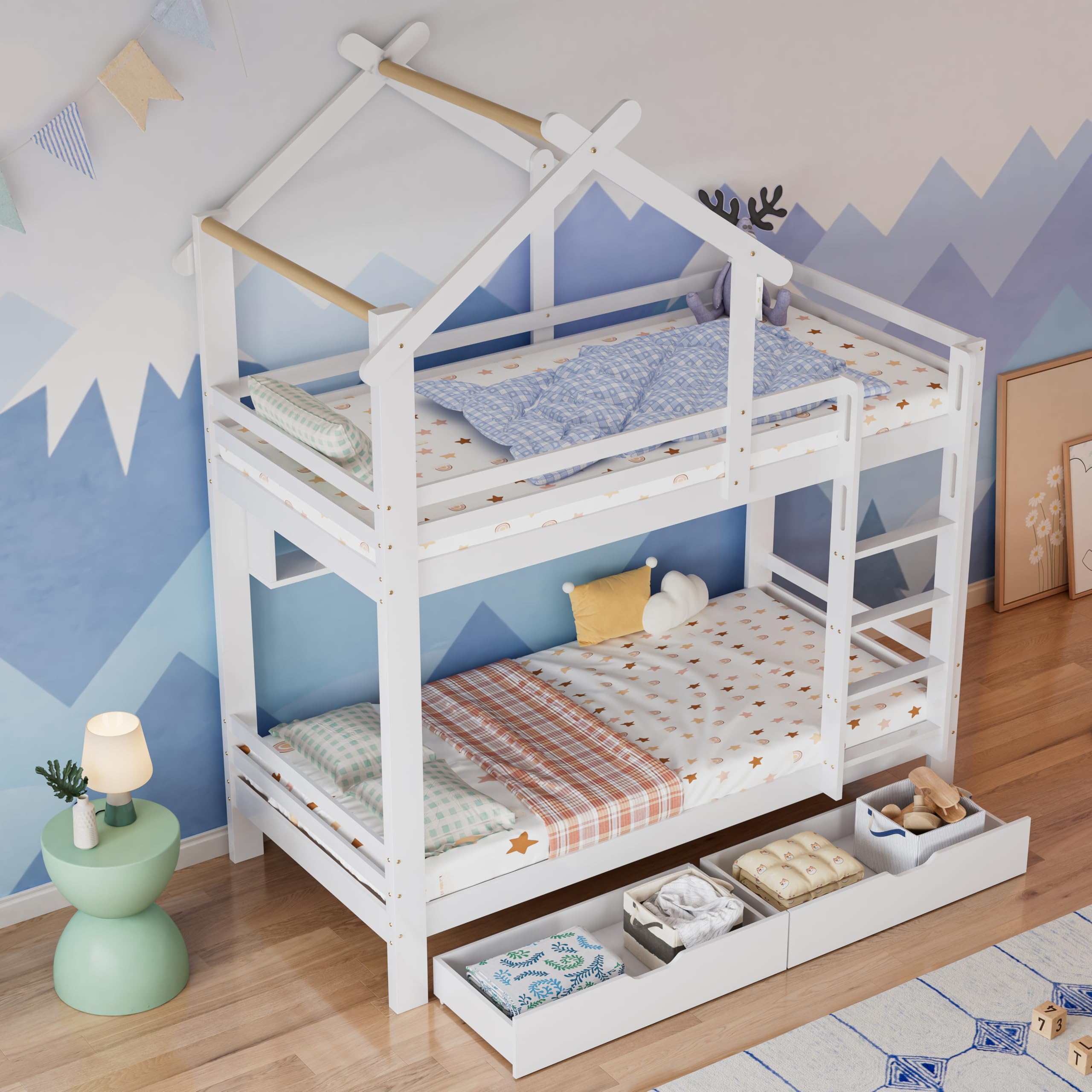 Cama Infantil, Litera Matrimonio 90x200, Litera para Niños con 2 Cajones y Estantes, Cama Altill con Escalera de Tres Peldaños y Tejado, Cama Altillo con Listones de Madera, Sin Colchón